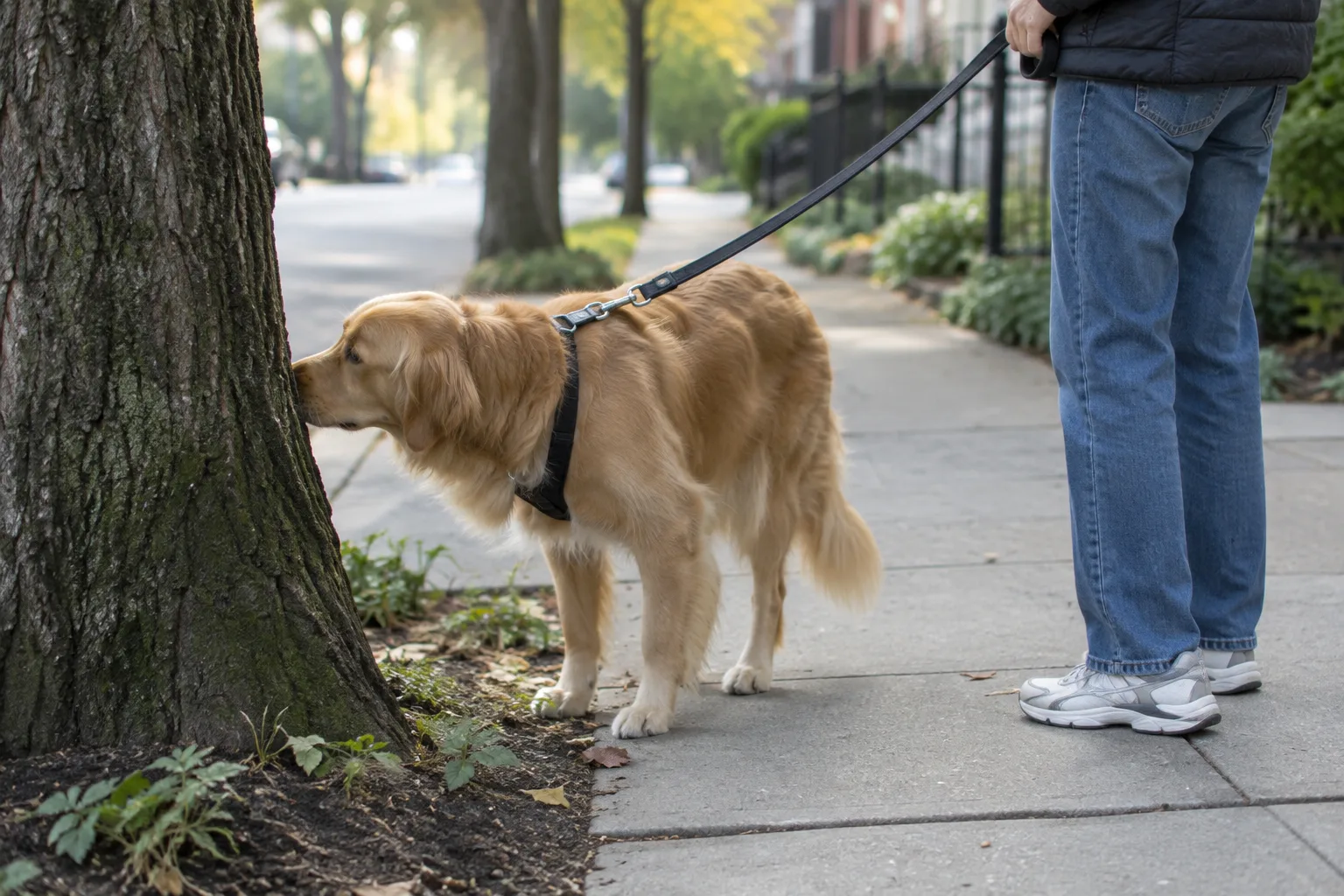 Un chien en laisse explore les odeurs au pied d’un arbre dans une rue calme.