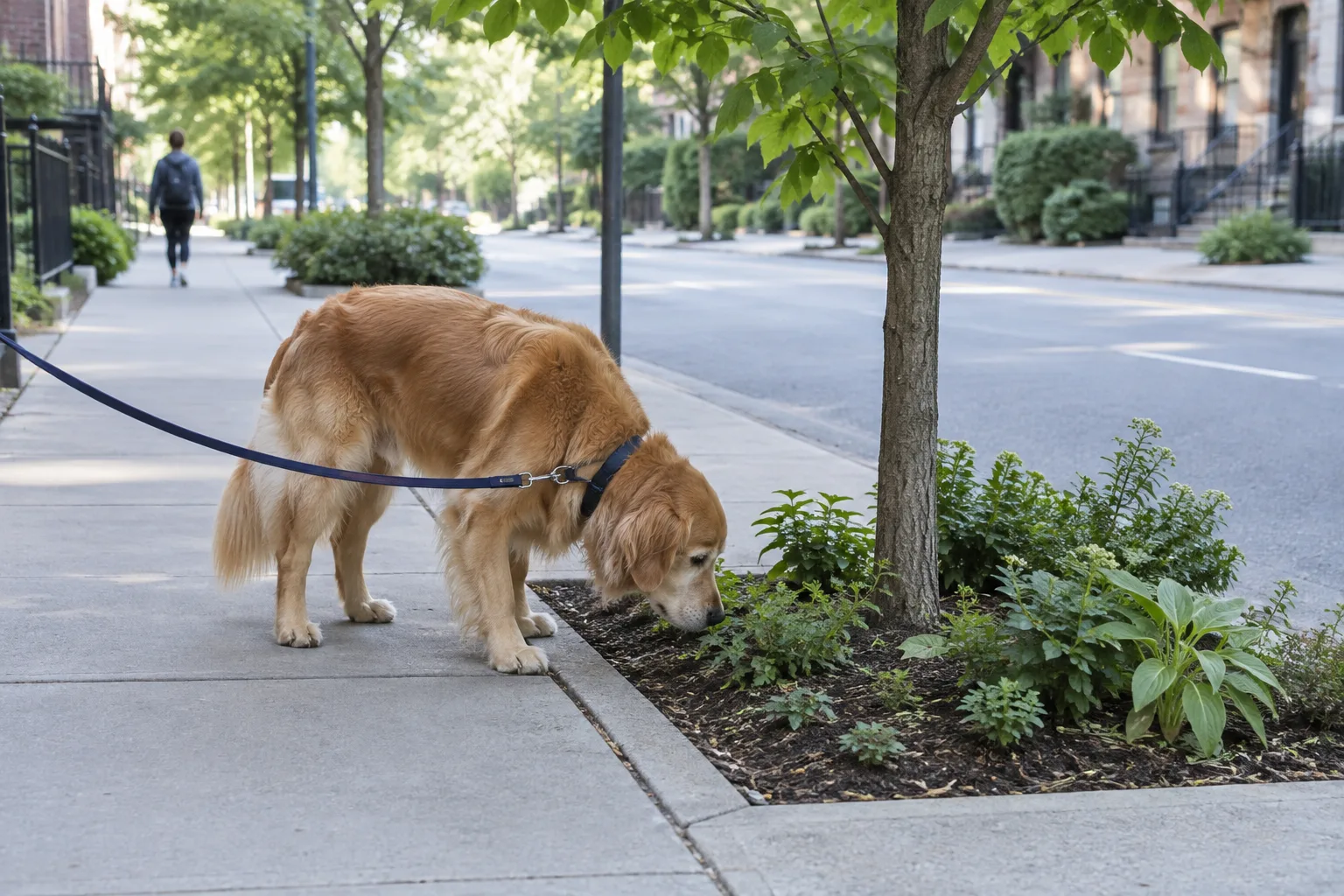 Un chien en laisse explore les odeurs au pied d’un arbre en ville.