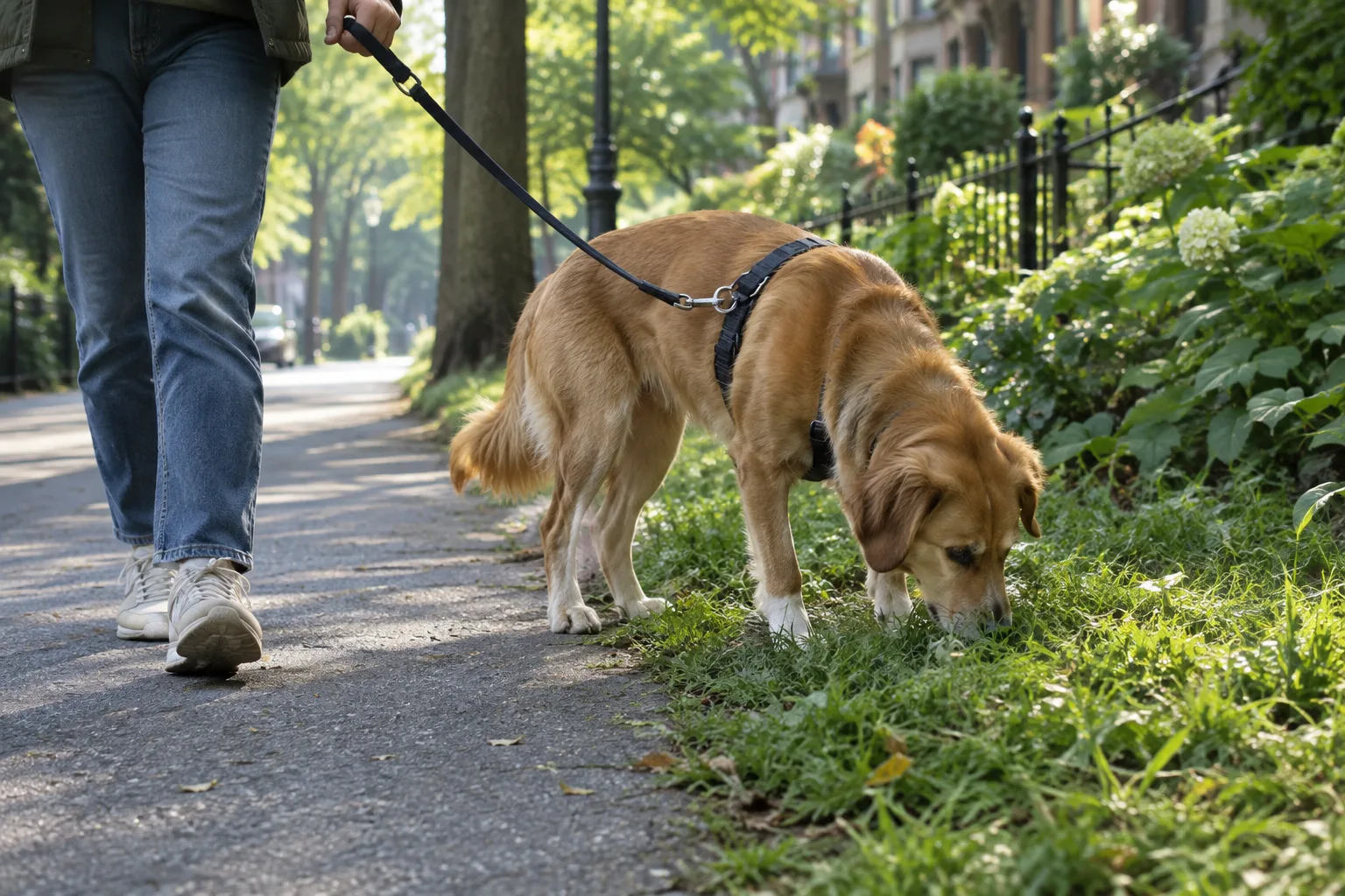 Un chien en laisse renifle l’herbe au bord d’un chemin calme en ville.