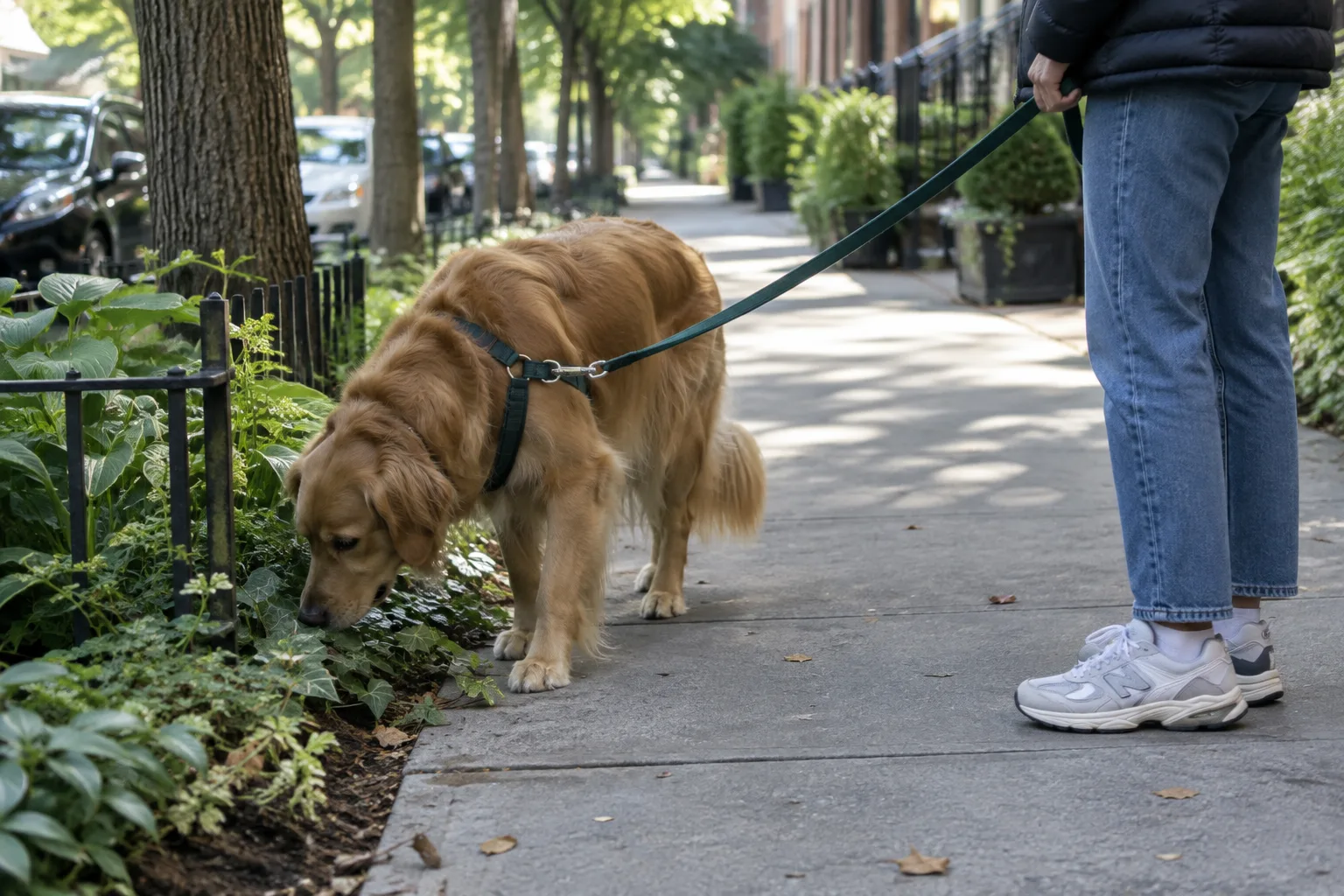 Un chien en laisse renifle des plantes au bord d’un trottoir calme.