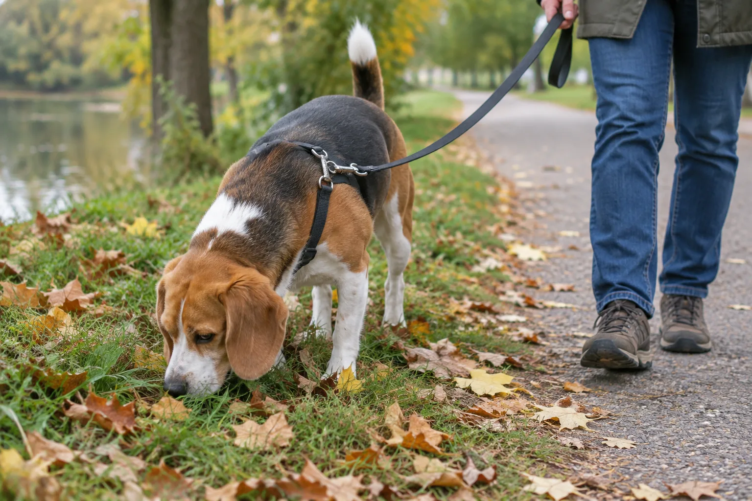 Un chien en laisse renifle l’herbe près d’un chemin peu fréquenté.