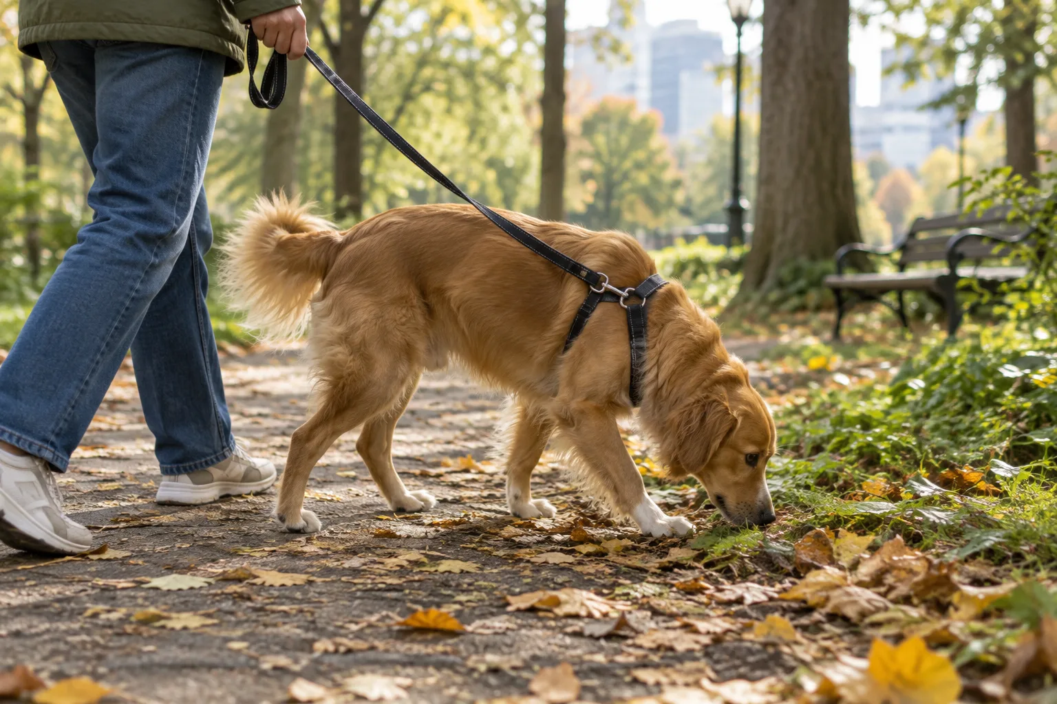 Un chien renifle le bord d’un chemin pendant une promenade en laisse.