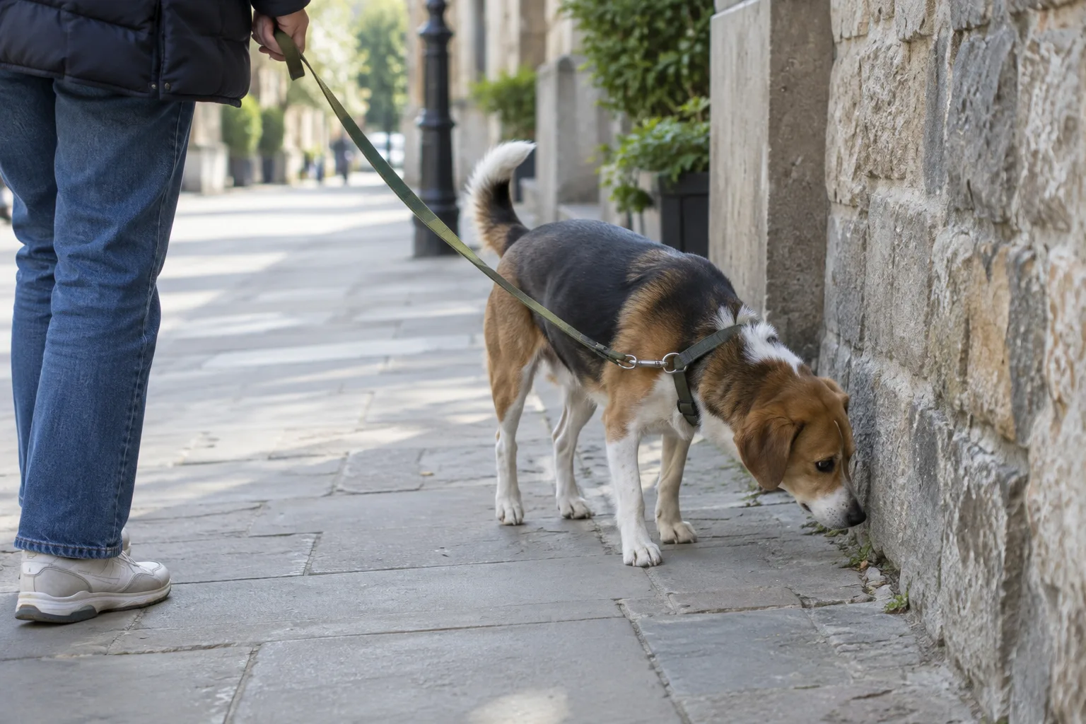 Un chien en laisse renifle le bas d’un mur dans une rue piétonne calme.