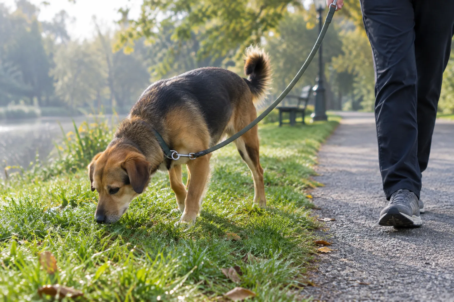 Un chien renifle l’herbe au bord d’un chemin de parc pendant une promenade en laisse.
