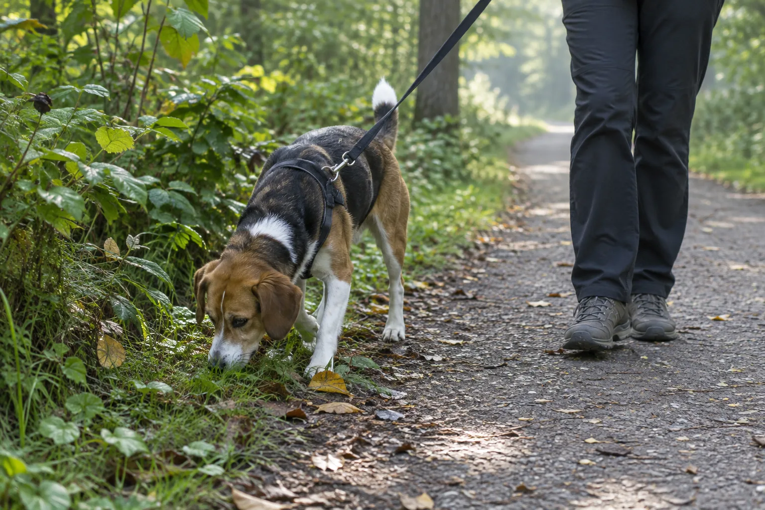 Un chien en laisse renifle le bord d’un chemin calme et arboré.