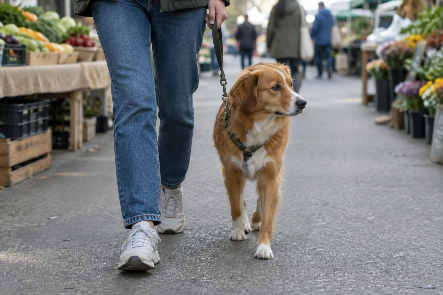 Un chien marche près de son propriétaire dans une allée de marché dégagée.