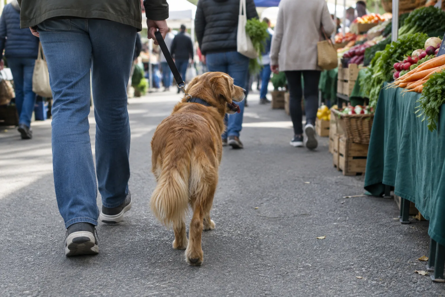 Un chien en laisse longe le bord d’une allée de marché tandis que des visiteurs circulent près des étals.