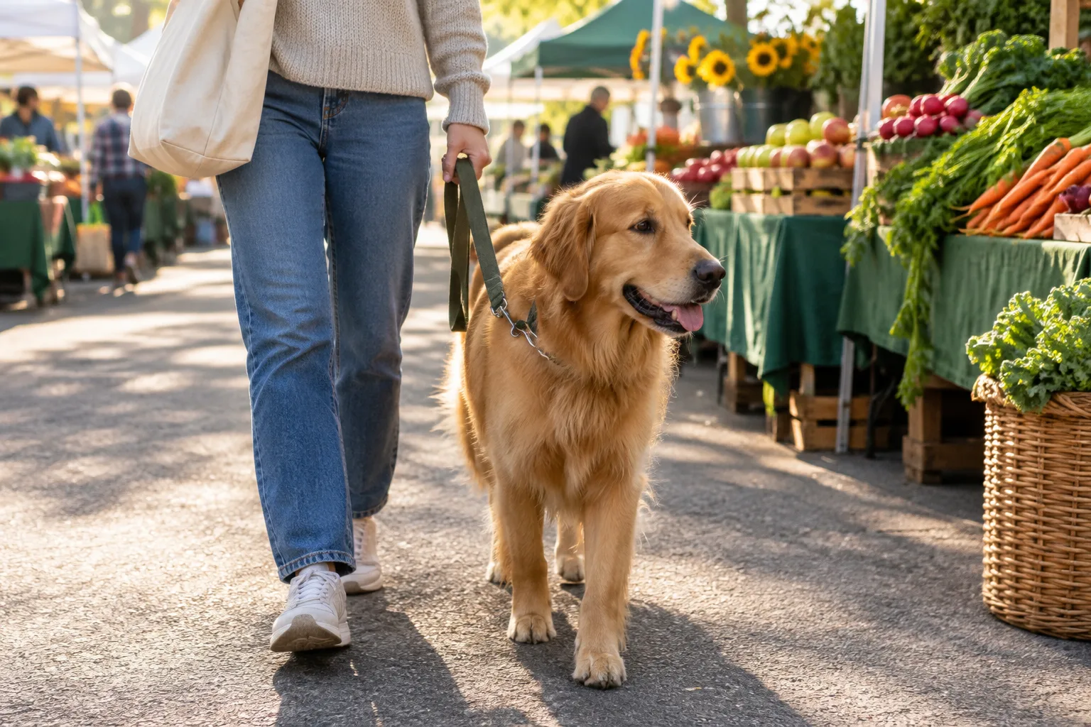 Un chien tenu en laisse avance près de son propriétaire dans une allée de marché en plein air.