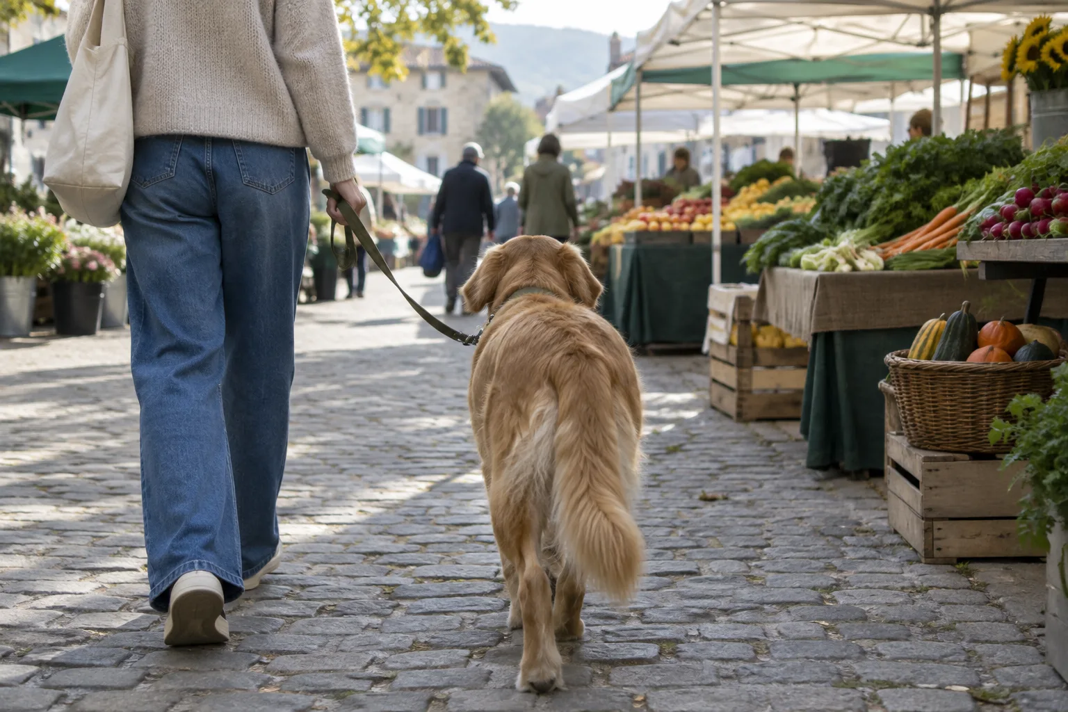 Un chien tenu en laisse accompagne son propriétaire dans une allée de marché peu fréquentée.