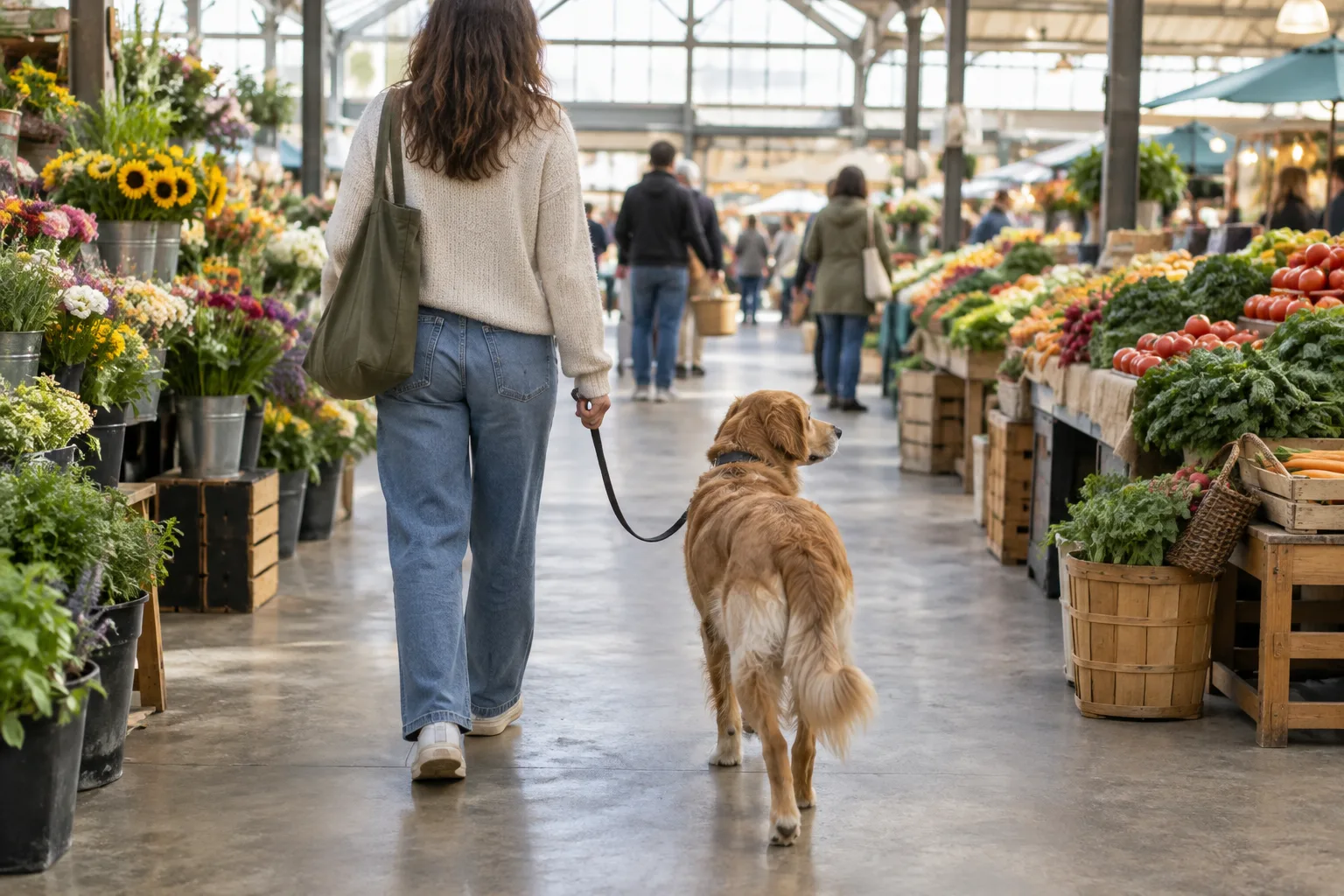 Un chien tenu en laisse accompagne son propriétaire dans une allée de marché couvert.