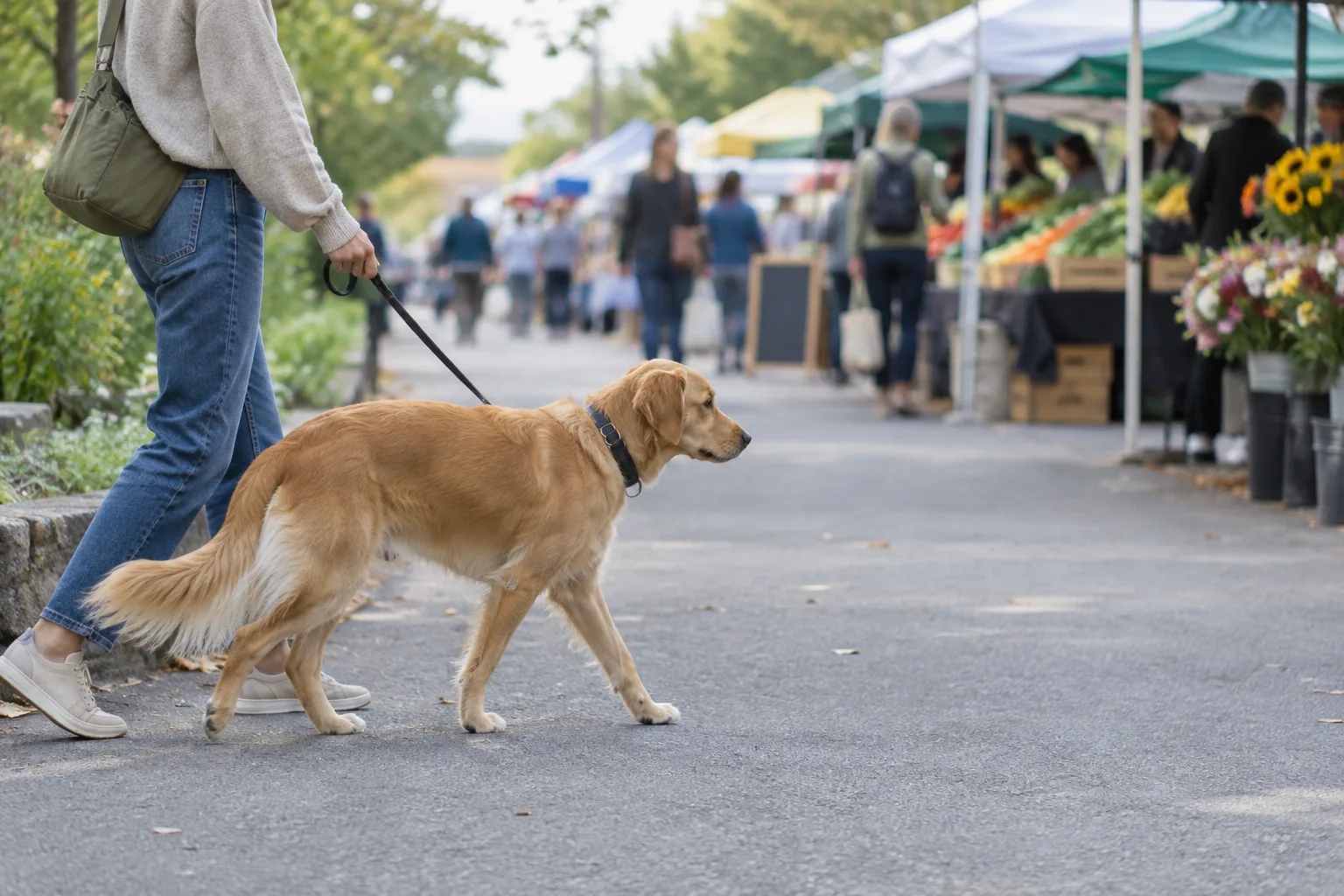 Un chien en laisse longe les abords d’un marché animé, à distance des allées fréquentées.