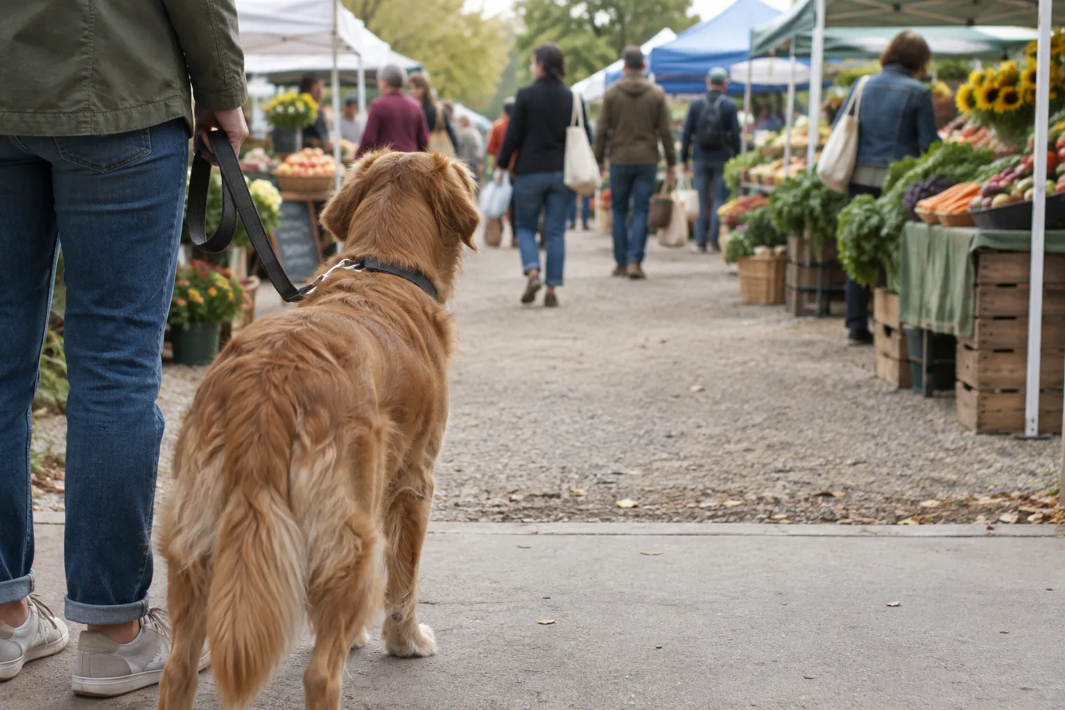 Un chien en laisse marque une pause à l’entrée d’un marché animé.