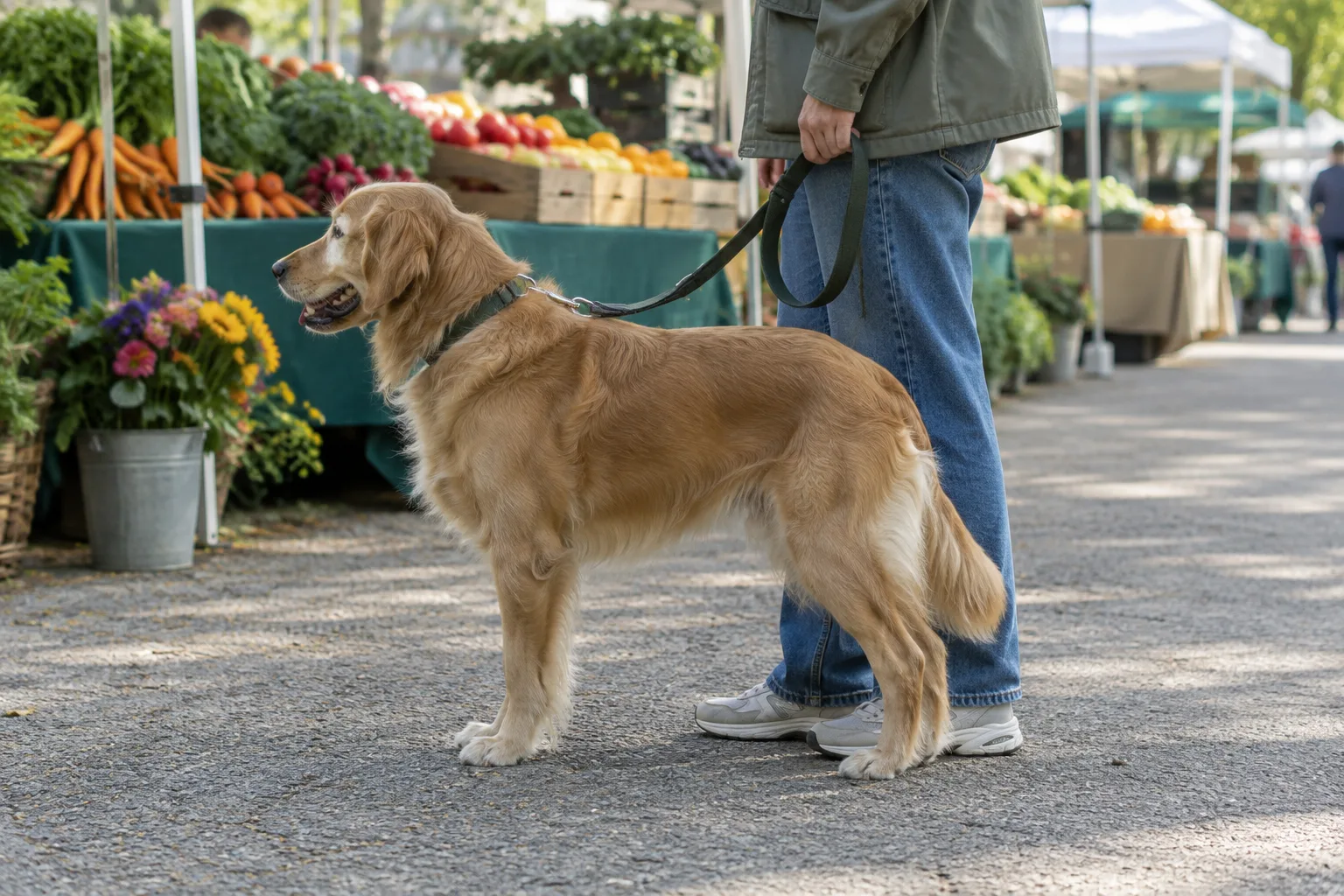 Un chien tenu en laisse accompagne son propriétaire dans une allée de marché de producteurs.