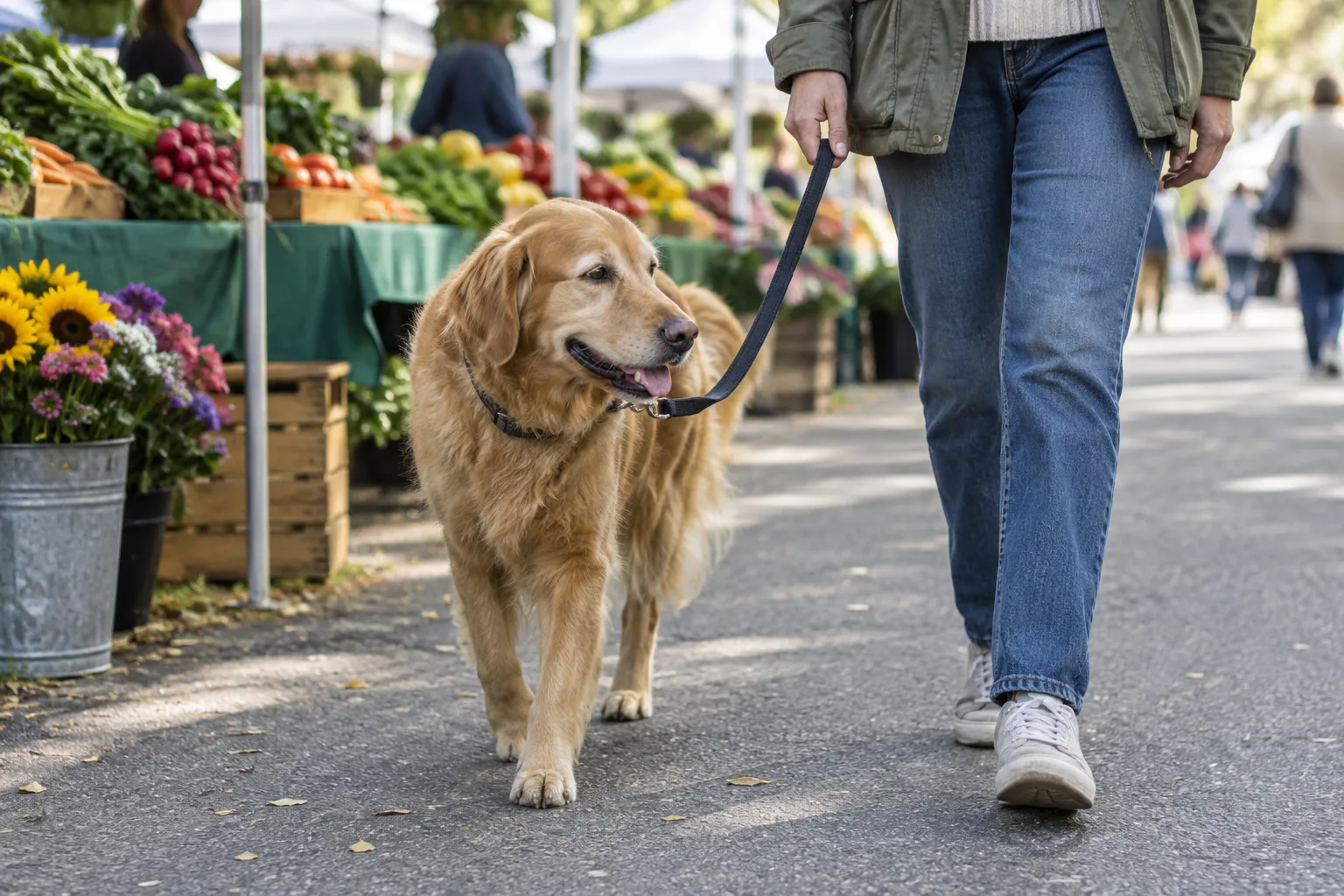 Un chien tenu en laisse marche près de son humain à l’écart des étals d’un marché de producteurs.