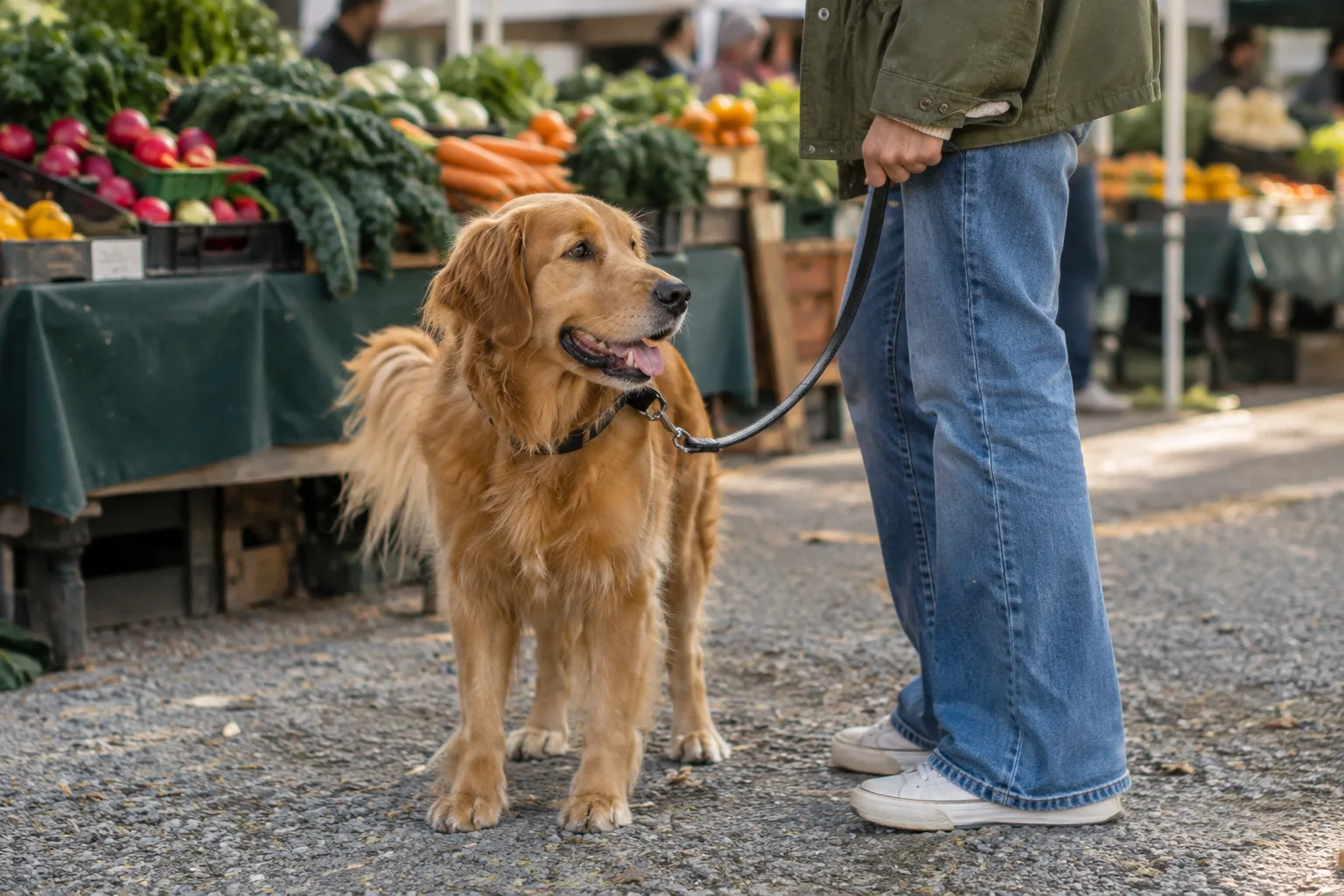 Un chien en laisse observe les étals d’un marché de producteurs depuis son entrée.