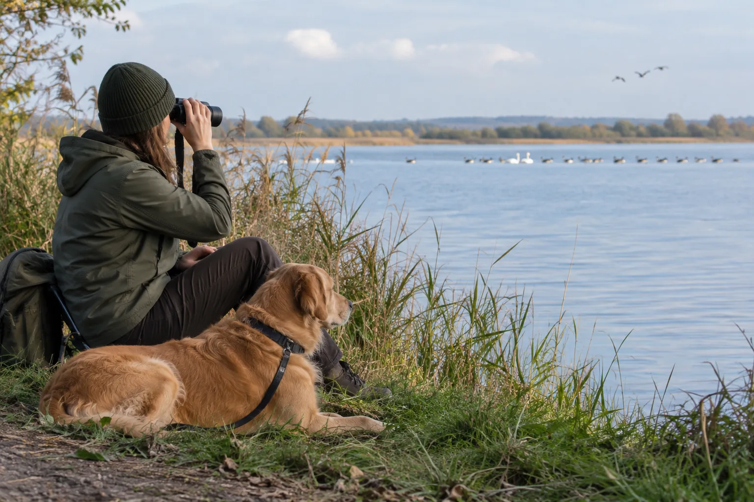 Un chien reste tranquillement près de son propriétaire qui observe des oiseaux aux jumelles.