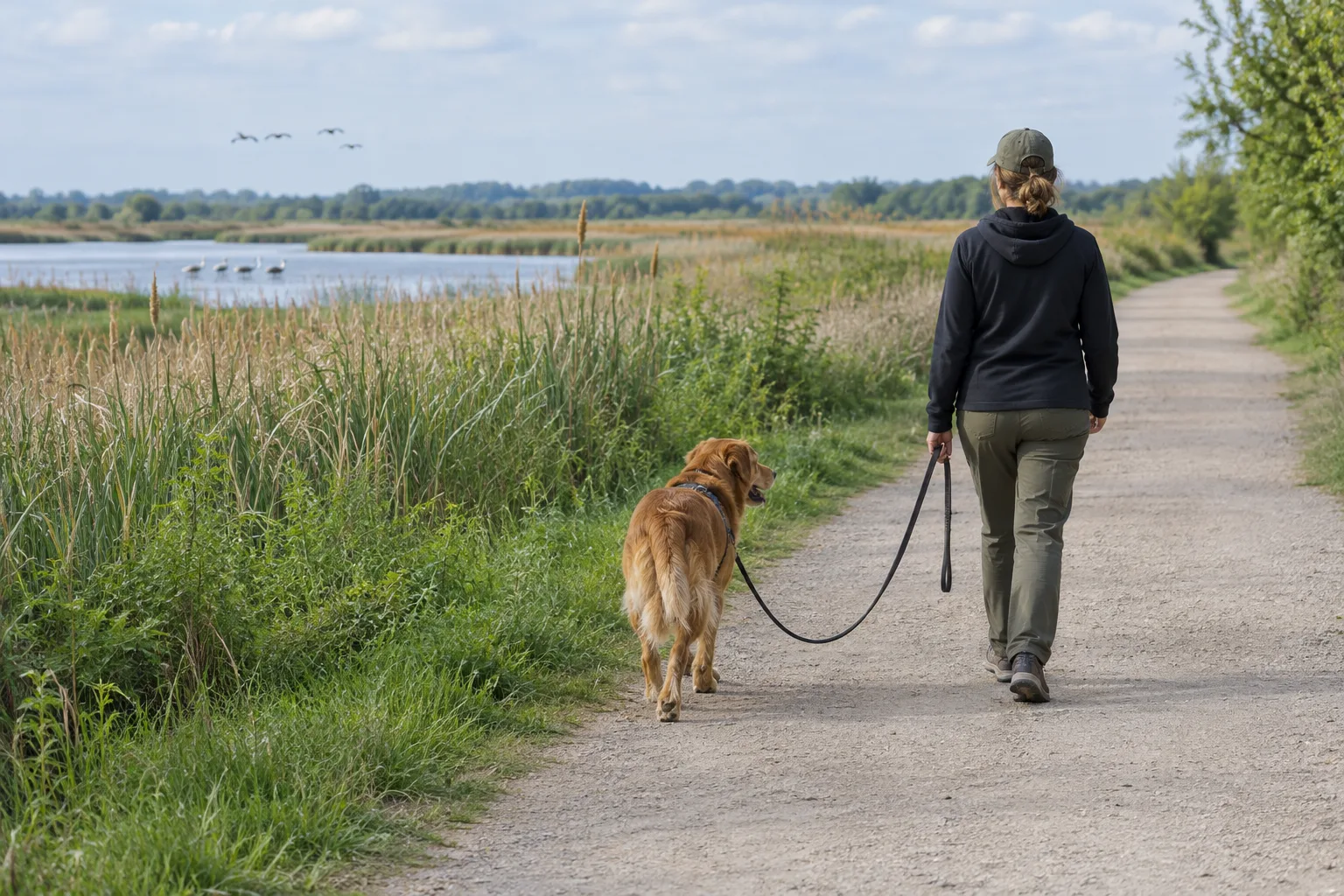 Un chien tenu en longe avance sur un chemin dégagé, à distance des roselières et des oiseaux.