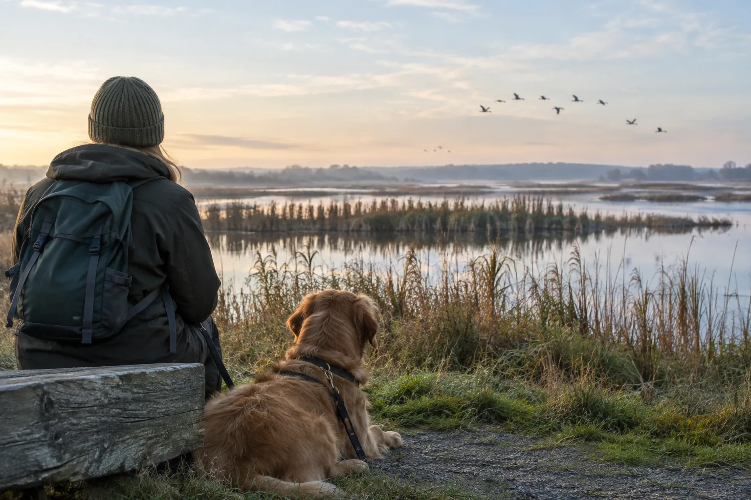 Un chien tenu en laisse se repose près d’un étang tandis que des oiseaux survolent les roseaux.