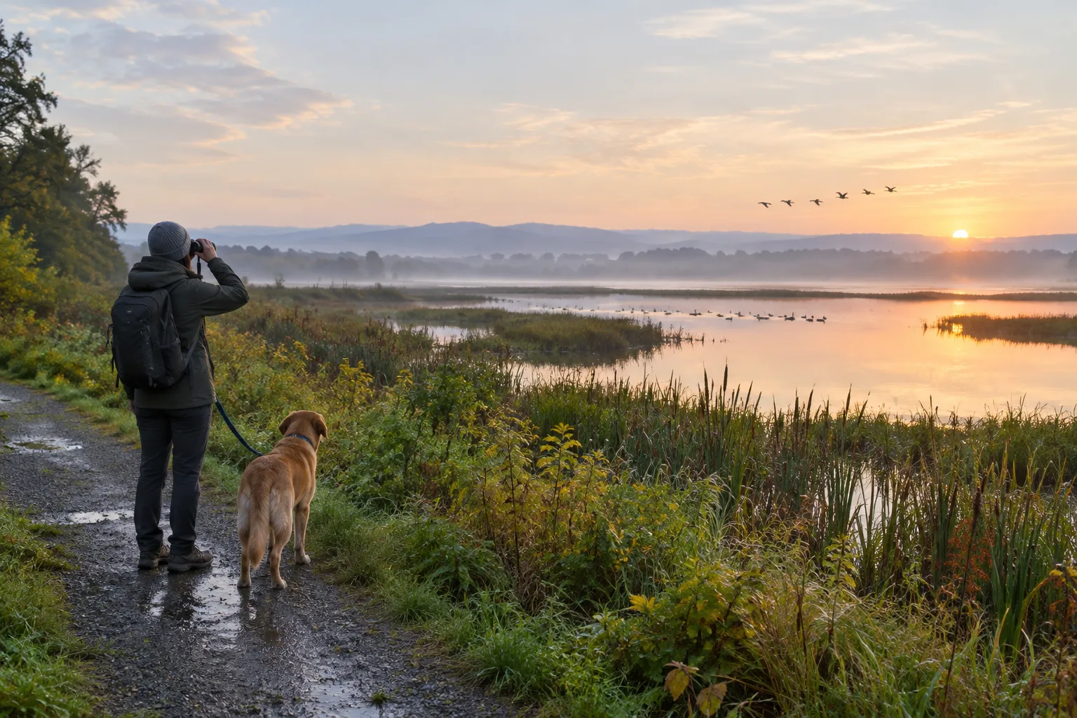 Un chien tenu en laisse accompagne son propriétaire qui observe des oiseaux depuis un sentier naturel.