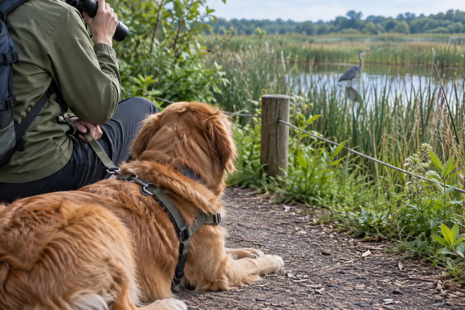 Un chien reste près de son propriétaire pendant une observation aux jumelles, à distance des oiseaux.