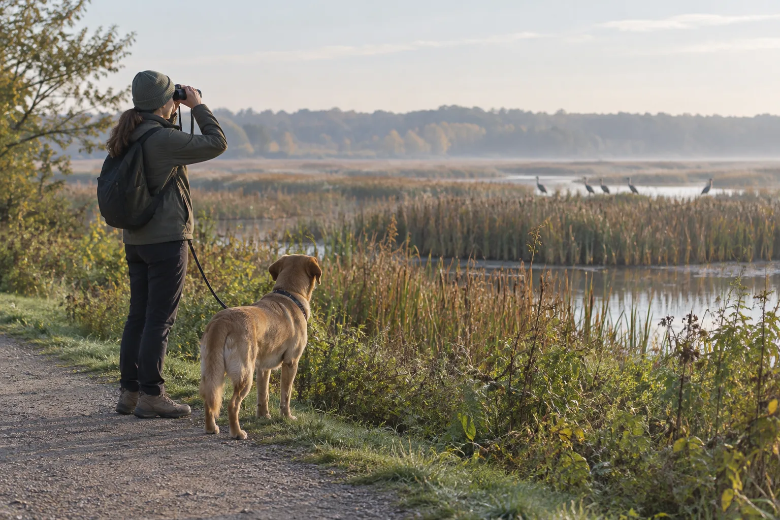 Un chien tenu en laisse accompagne une personne qui observe des oiseaux aux jumelles près d’une zone humide.