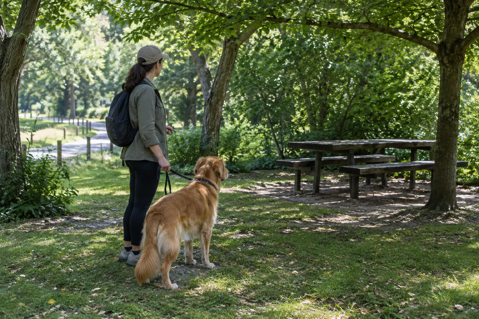 Un chien tenu en laisse accompagne son propriétaire qui repère un coin ombragé à l’écart d’une allée.