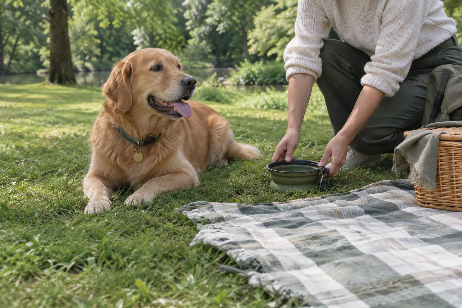 Un chien se repose près d’une couverture de pique-nique et d’une gamelle d’eau dans un parc.