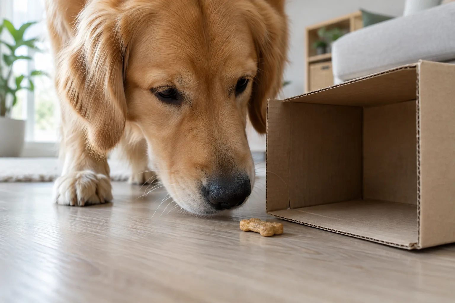 Un chien renifle près d’une friandise placée à côté d’une boîte ouverte.