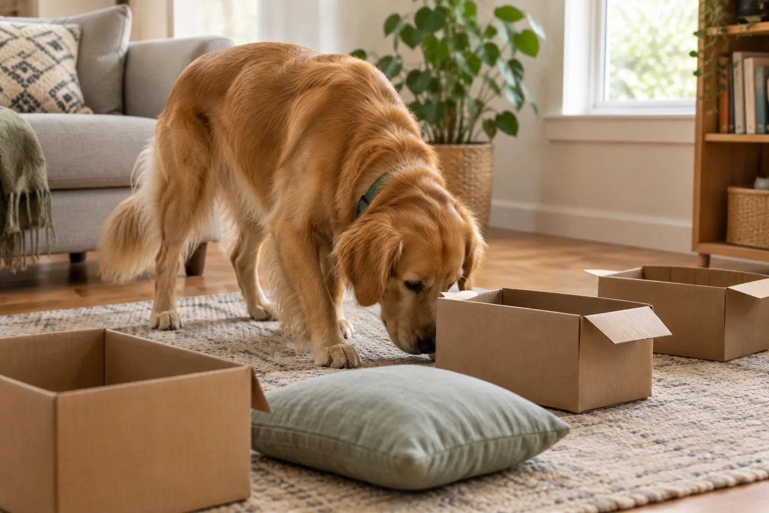 Un chien explore le sol du salon près de boîtes ouvertes pendant un jeu de recherche.