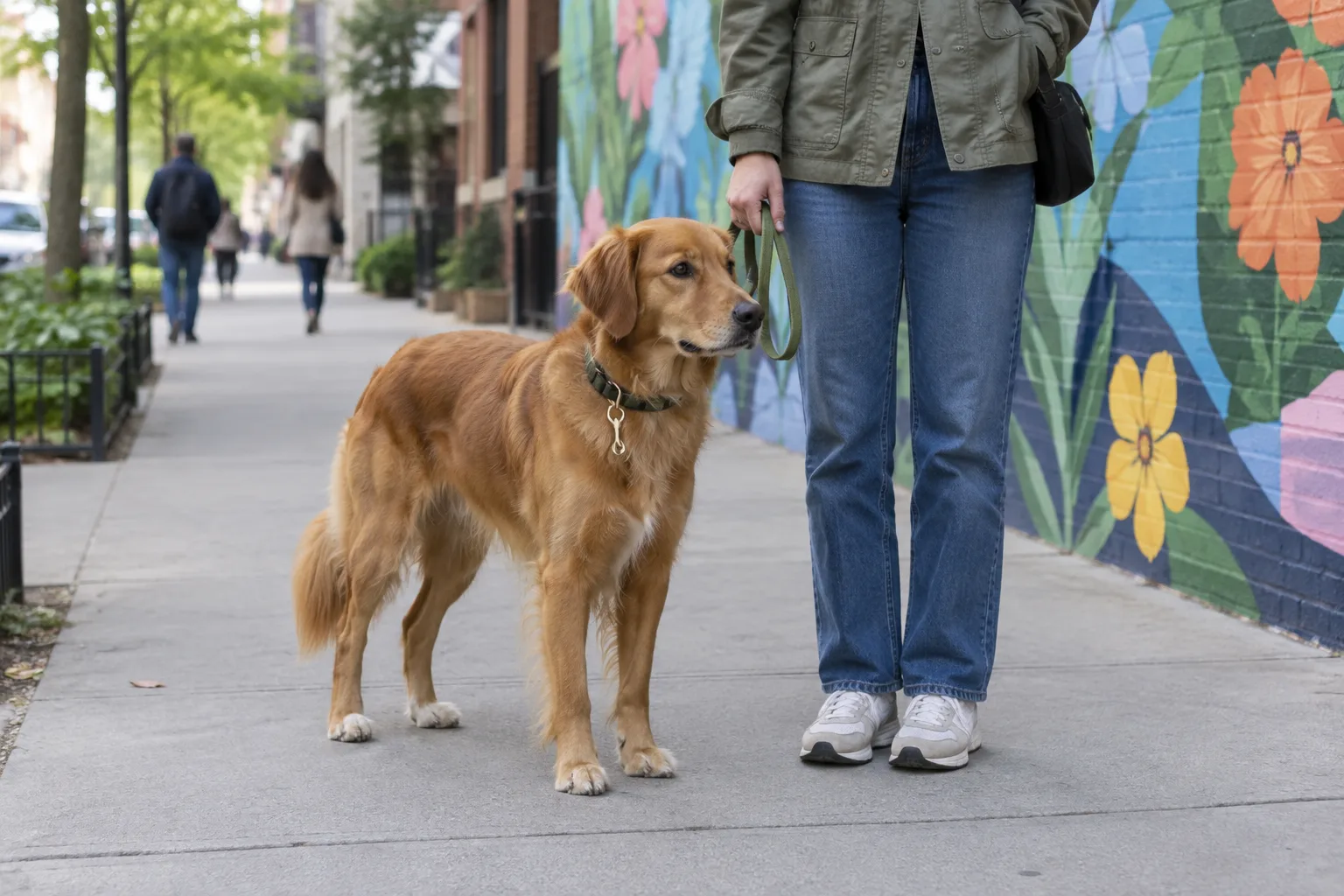 Un chien en laisse observe une fresque depuis le trottoir, sans gêner le passage.