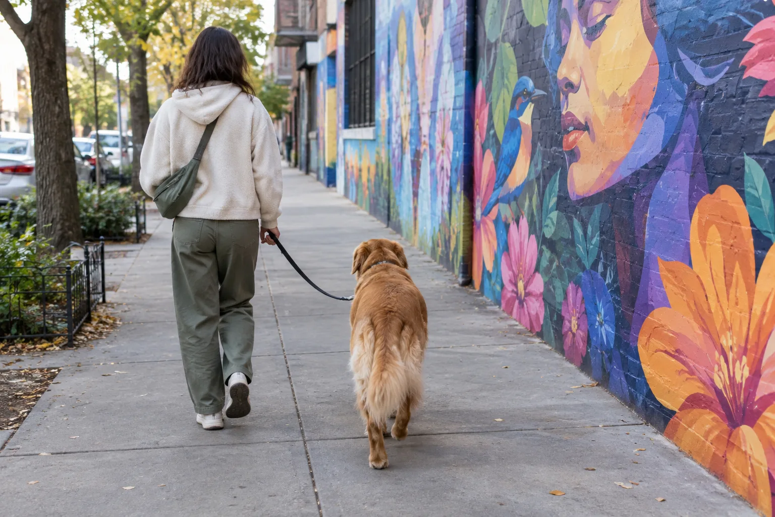 Un chien tenu en laisse passe devant une grande fresque murale dans une rue calme.