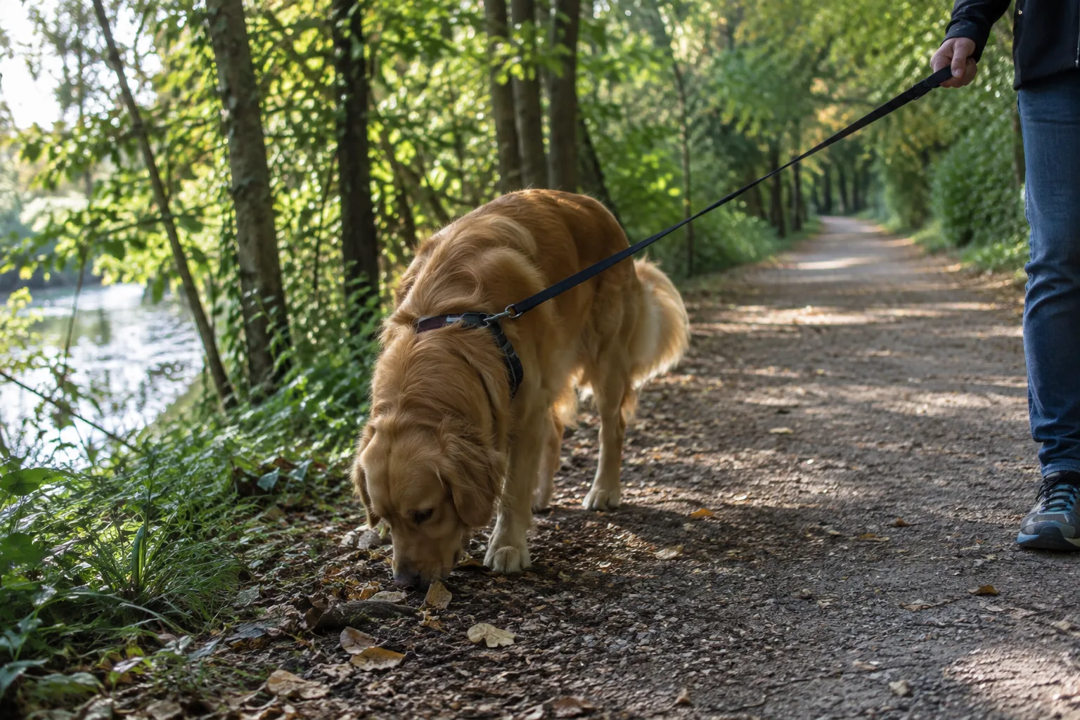 Un chien renifle au bord d’un chemin ombragé pendant une promenade photographiée.