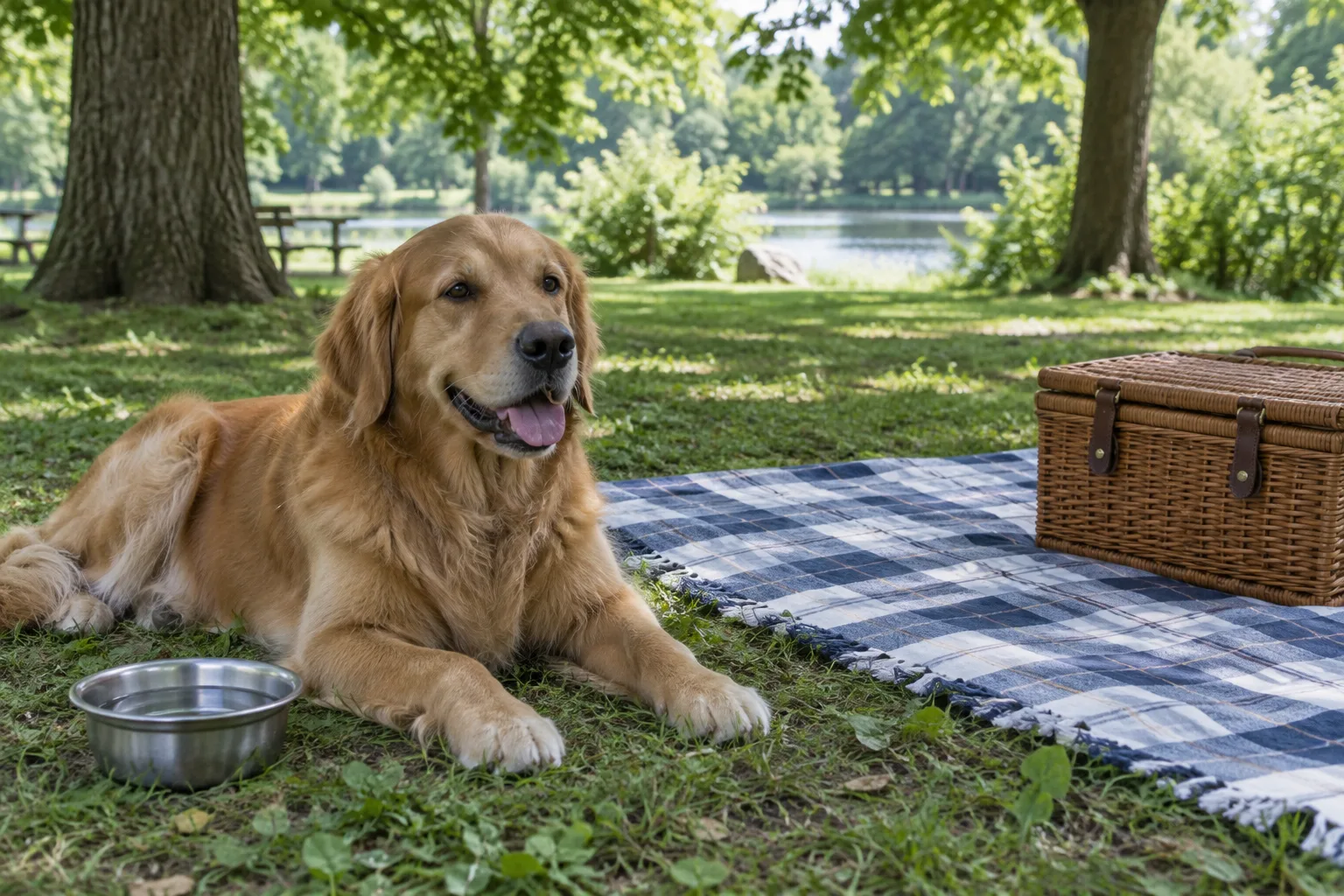 Un chien se repose à l’ombre près d’une couverture de pique-nique et d’une gamelle d’eau.