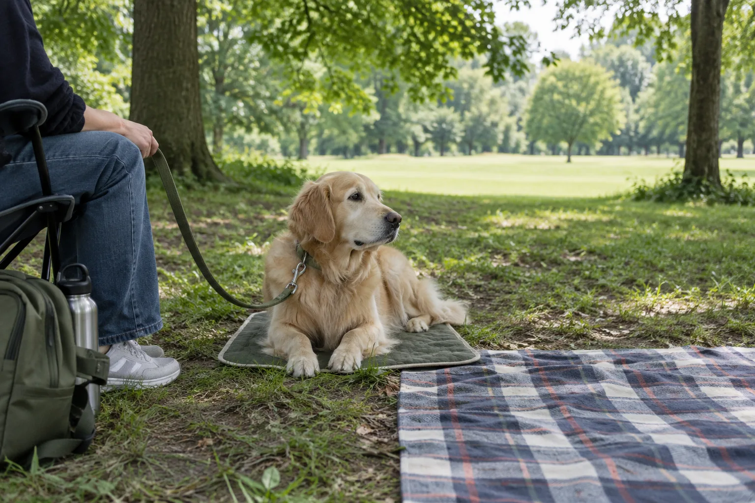 Un chien en laisse s’installe sur son tapis près d’une couverture, à l’écart des allées passantes.