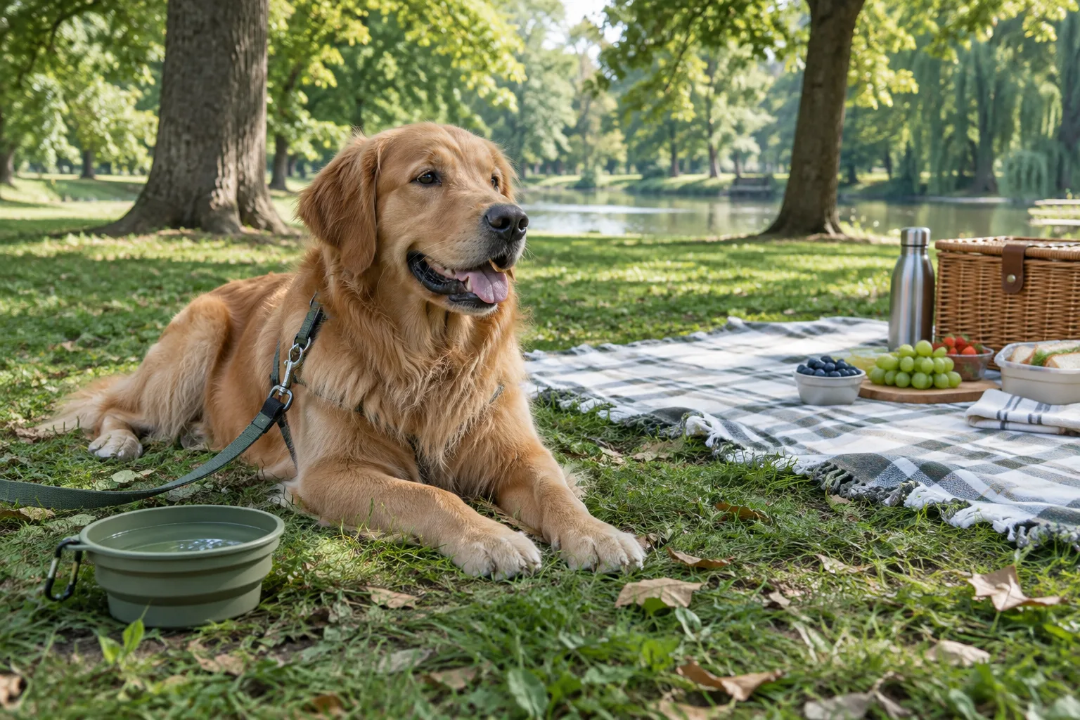 Un chien tenu en laisse se repose près d’une couverture de pique-nique et d’une gamelle d’eau dans un parc ombragé.
