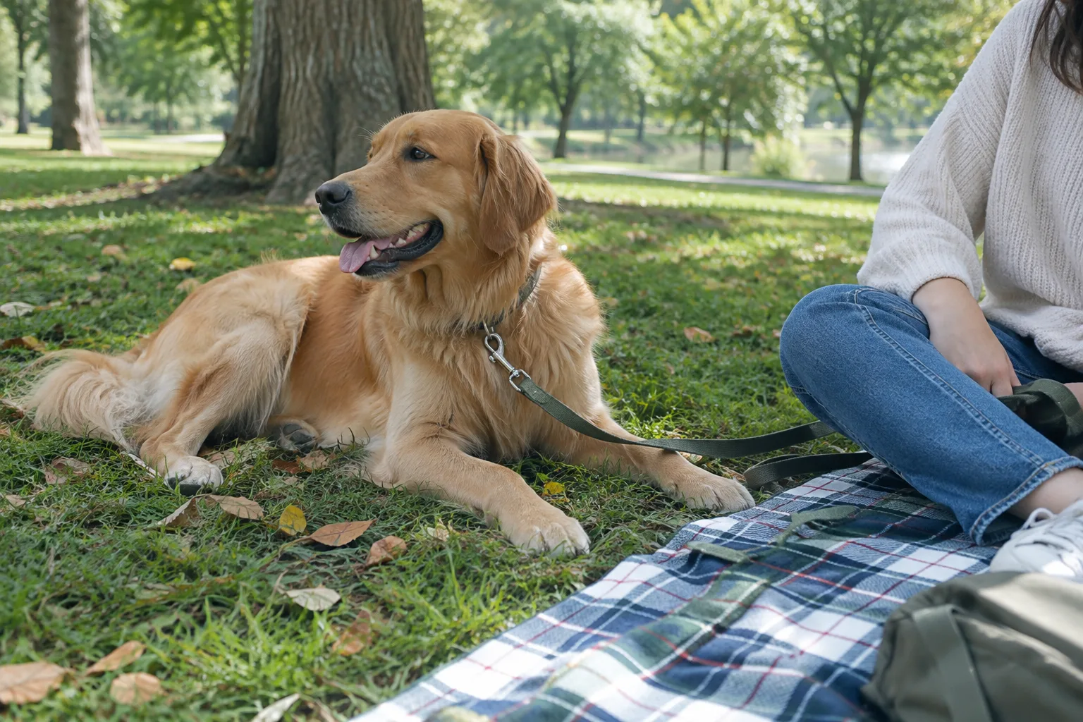 Un chien tenu en laisse se repose près d’une couverture de pique-nique dans un coin ombragé du parc.