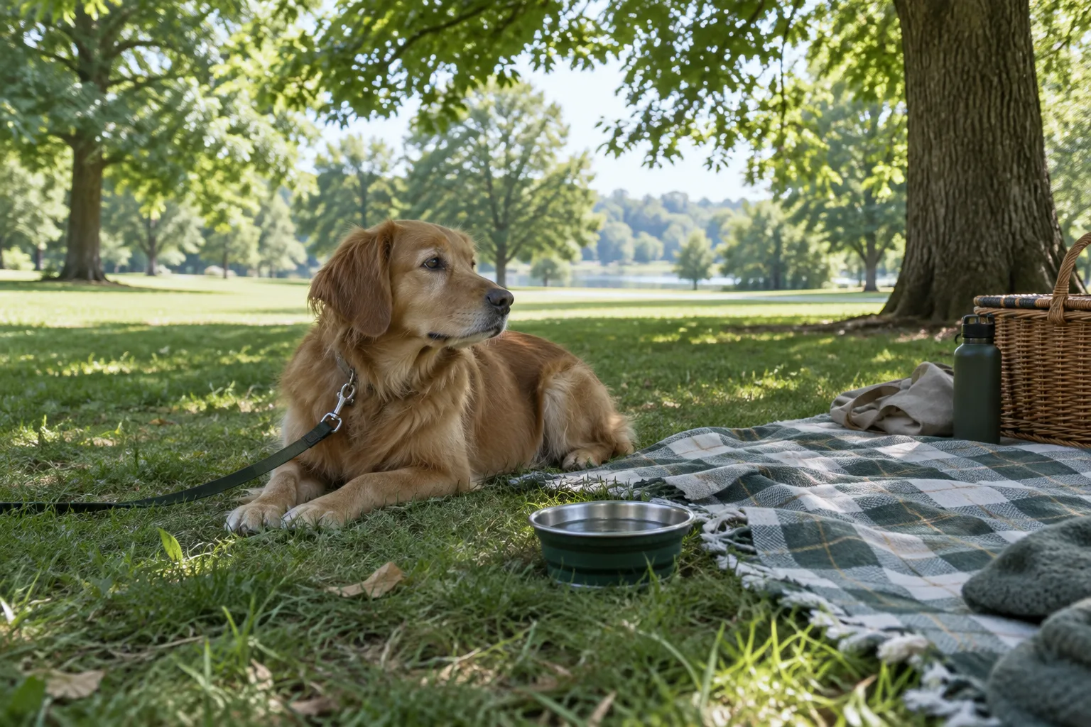 À l’ombre, un chien tenu en laisse se repose près d’une couverture et d’une gamelle d’eau.