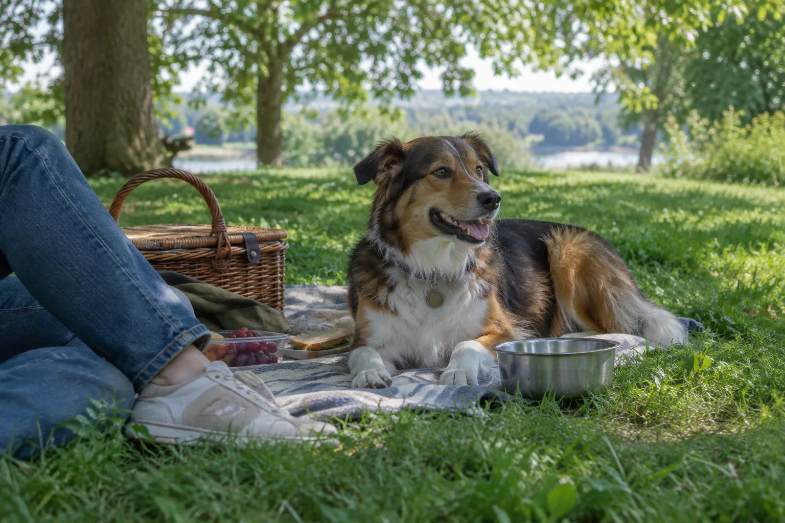 Un chien se repose sur une couverture à côté d’un panier de pique-nique et d’une gamelle d’eau.