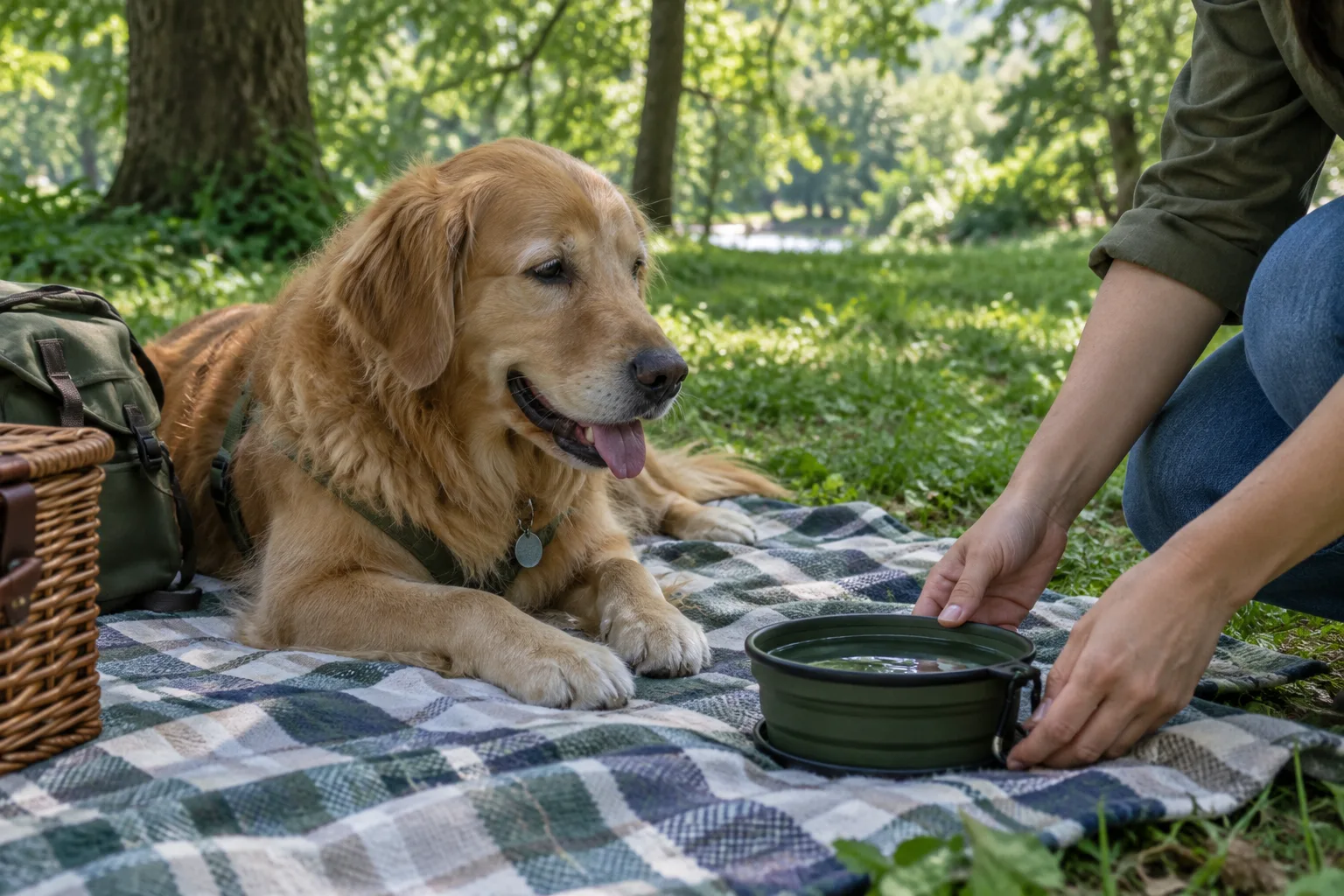 Un chien se repose près d’une couverture de pique-nique et d’une gamelle d’eau, à l’ombre d’un arbre.