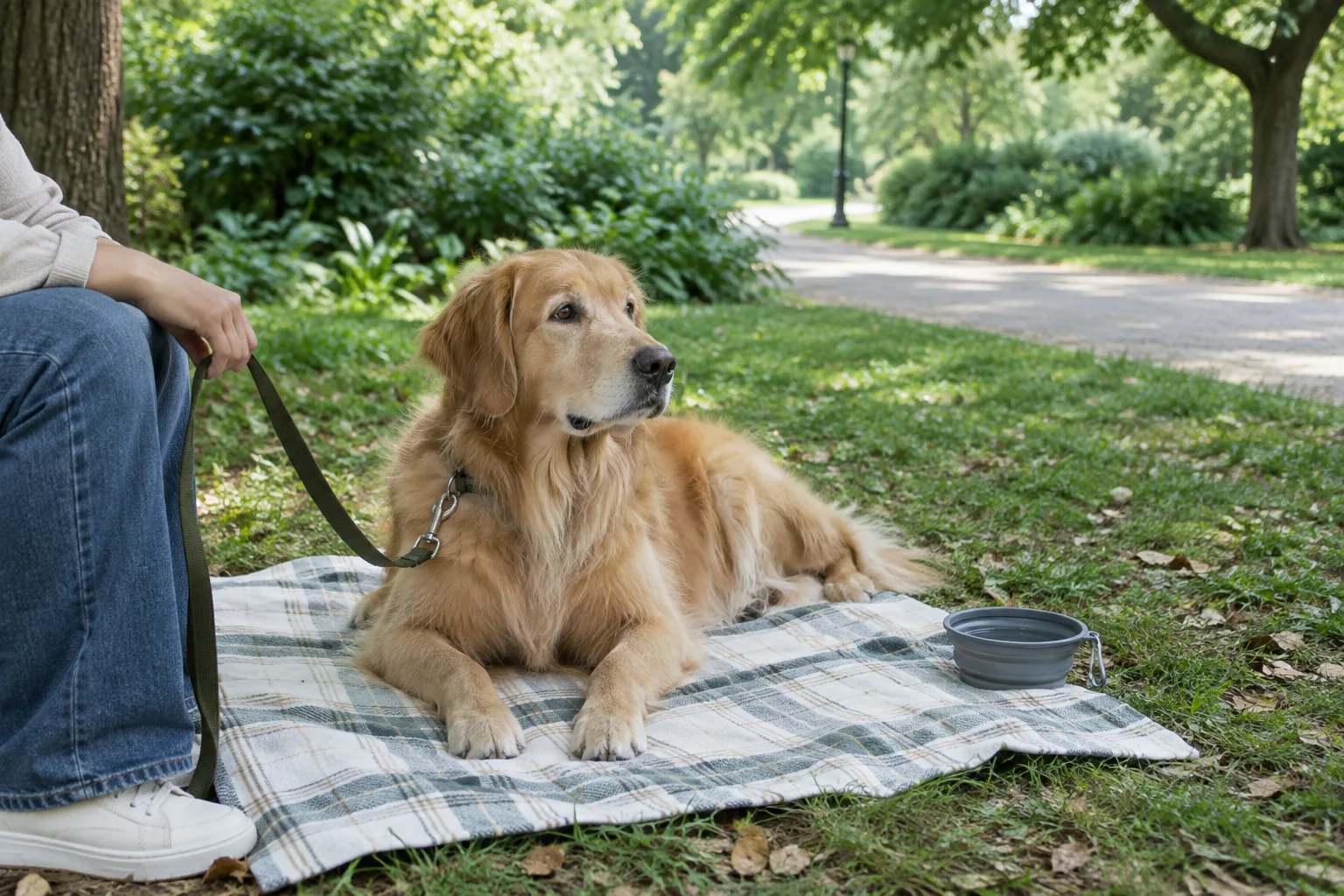 Un chien se repose sur une couverture dans un espace ombragé, avec une gamelle d’eau à côté.