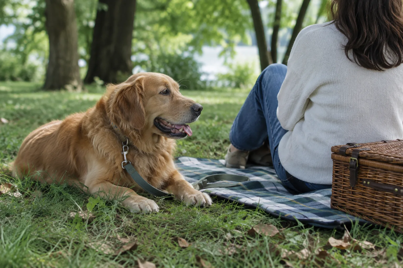 Un chien tenu en laisse se repose près d’une couverture de pique-nique à l’ombre.