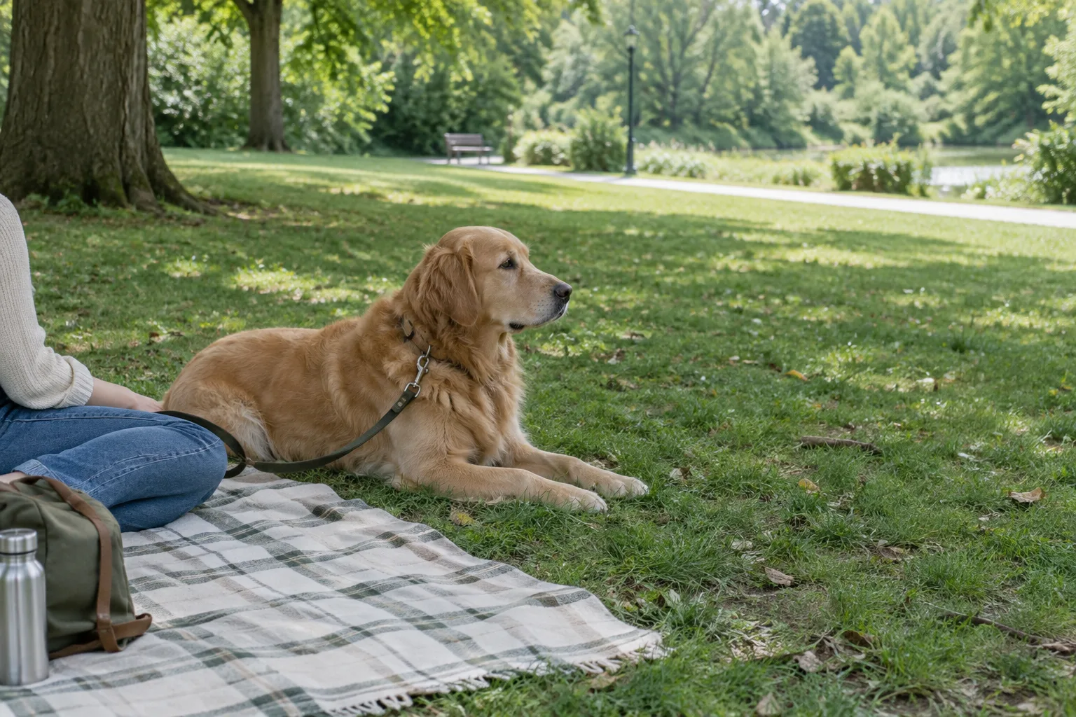 Un chien se repose près d’une couverture installée à l’ombre, à l’écart du passage.