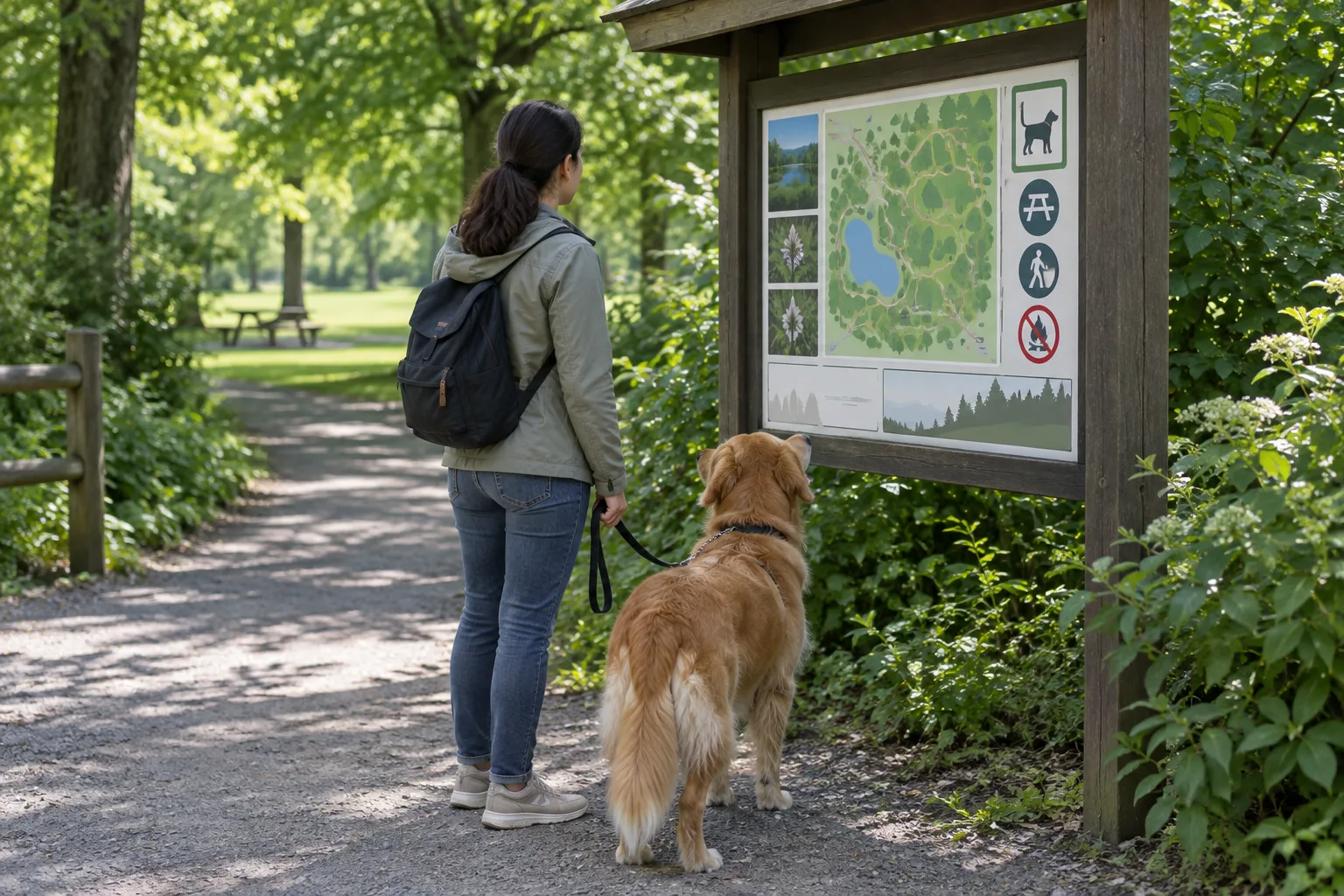 Un chien en laisse accompagne son propriétaire près du panneau d’entrée d’un parc.