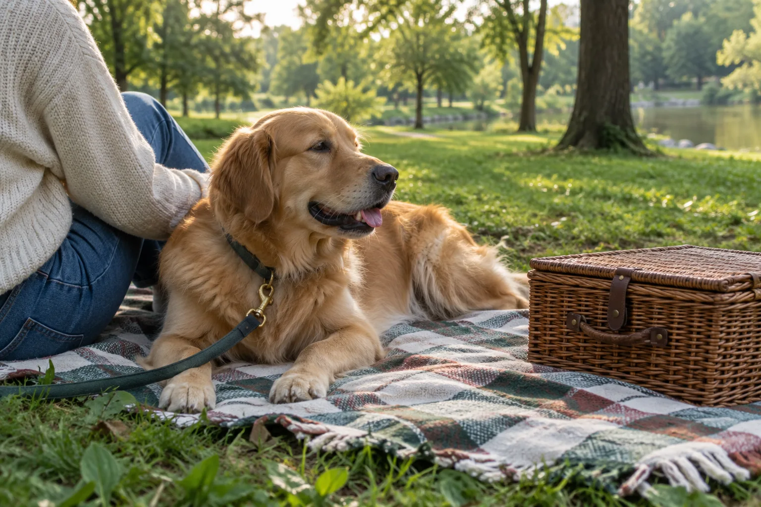 Un chien se repose près d’une nappe de pique-nique dans un parc ombragé.
