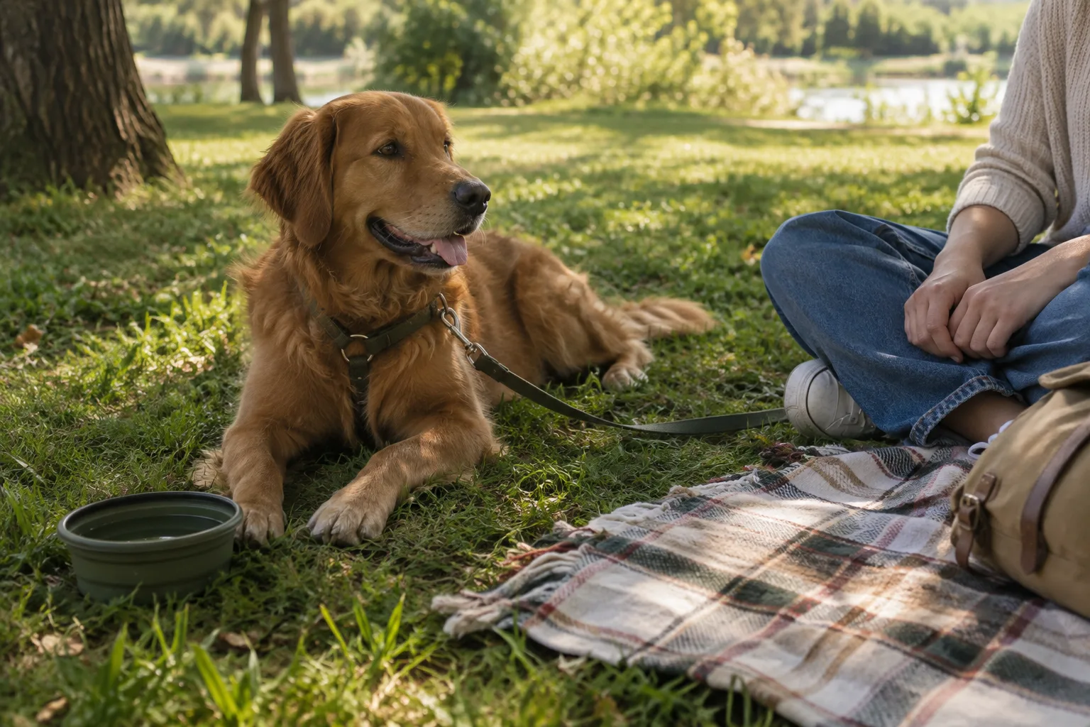Un chien tenu en laisse se repose à l’ombre près d’une couverture de pique-nique et d’une gamelle d’eau.