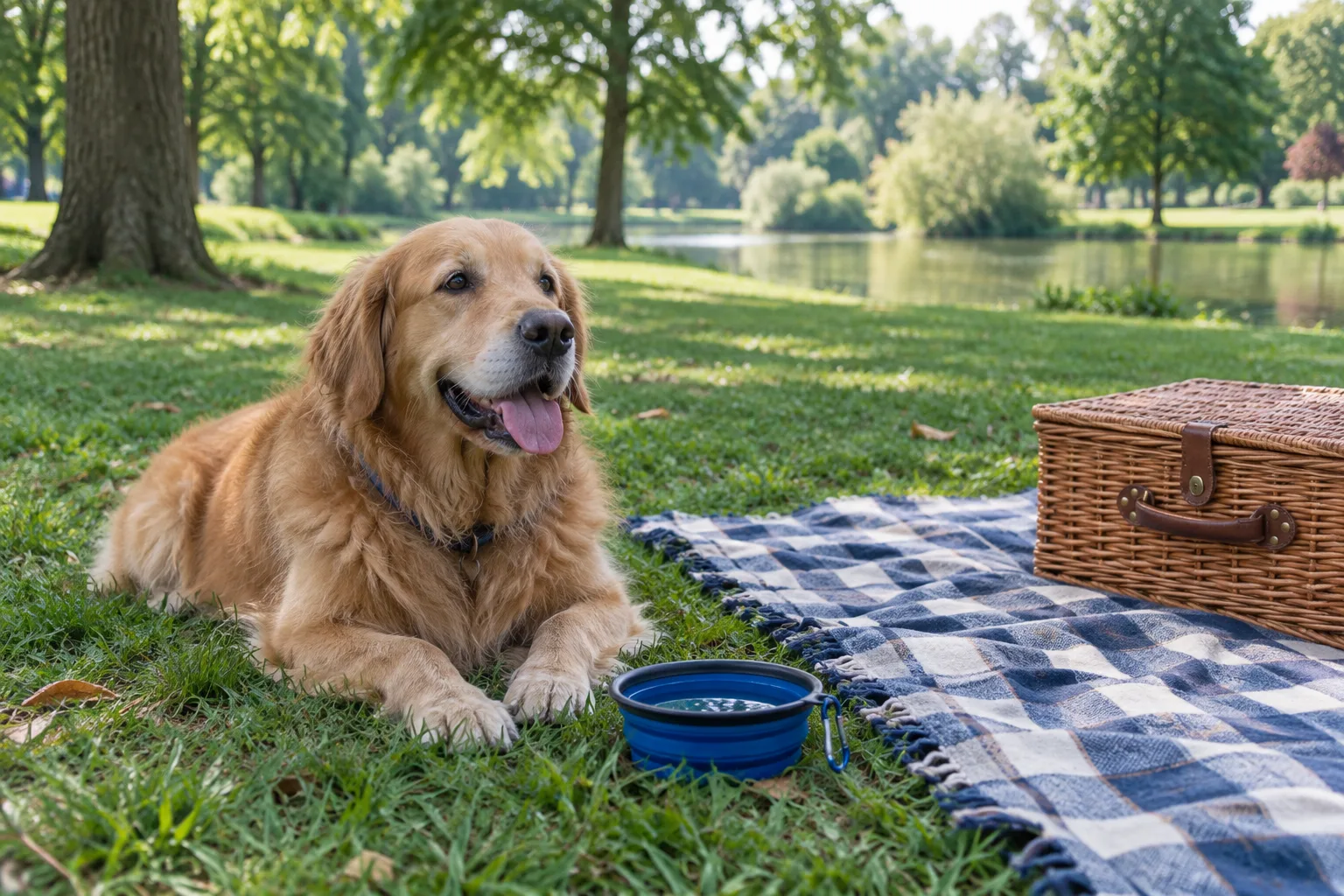 Un chien se repose près d’une couverture de pique-nique et d’une gamelle d’eau dans un parc.