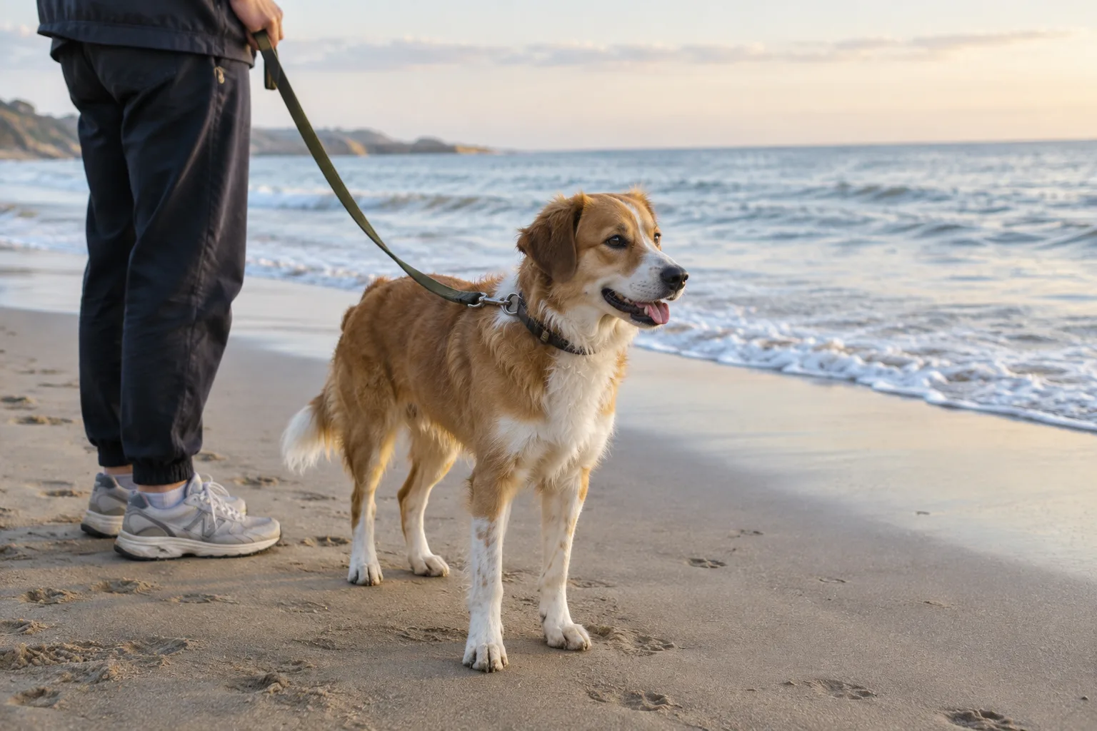 Un chien tenu en laisse observe le rivage depuis une plage calme.