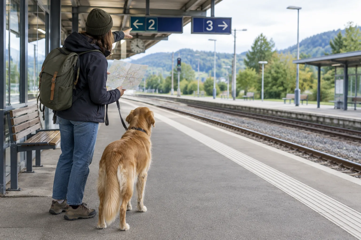 Un propriétaire consulte un plan de gare tandis que son chien attend calmement en laisse.