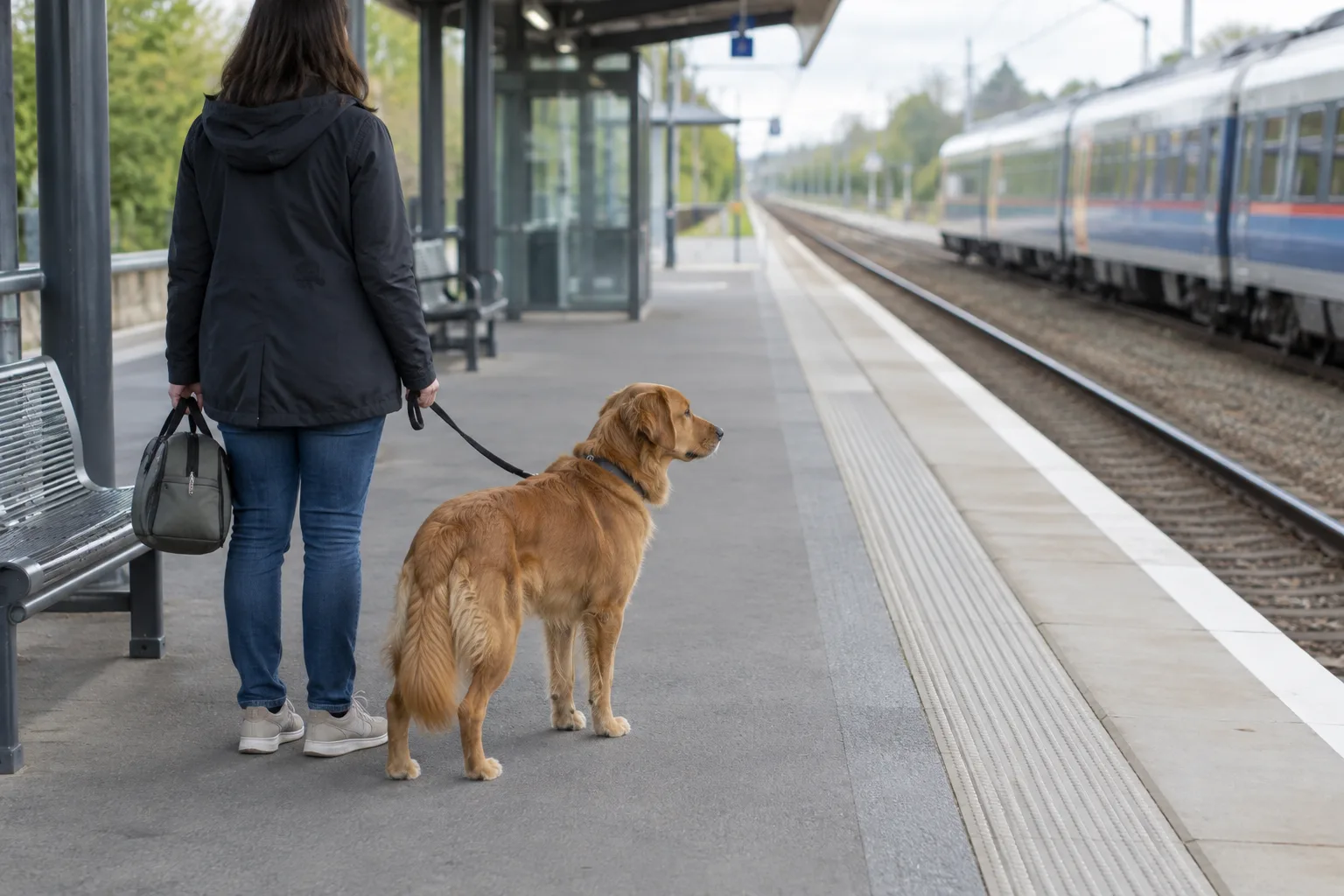 Un chien tenu près de son propriétaire attend à distance du bord du quai.