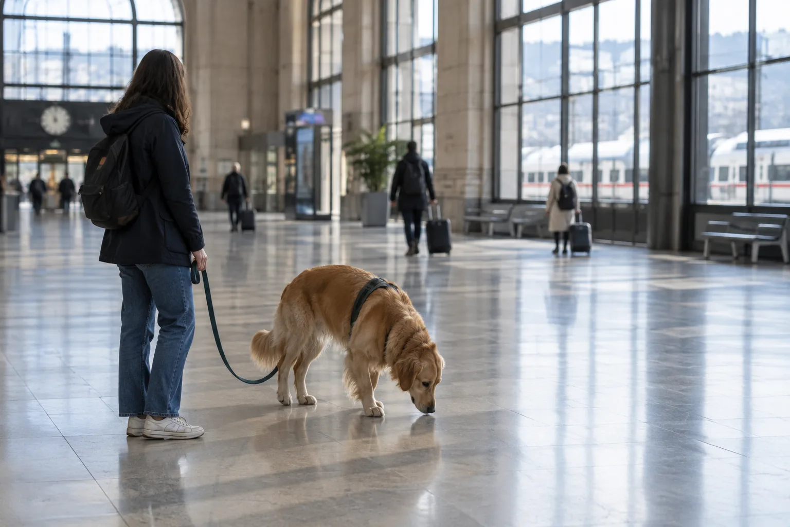 Un chien découvre le hall d’une gare en restant près de sa personne de référence.